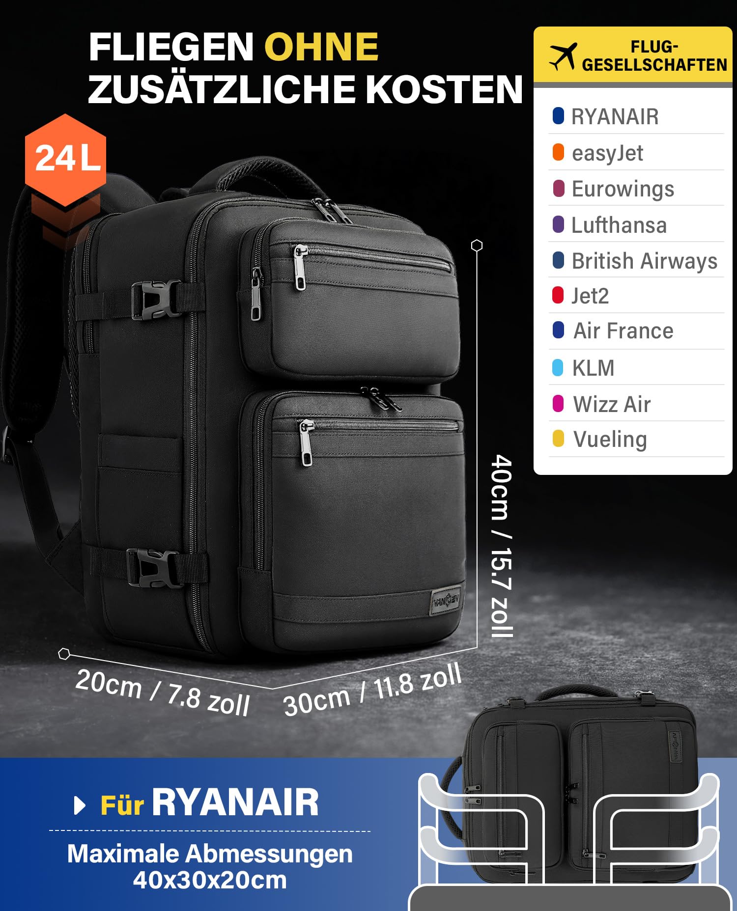 VANKEV Eurowings Ryanair EasyJet Wizz Air Handgepäck 40x30x20cm-24L, Sitzunter Rucksack für Reisen passt zu 15,6 Zoll Laptops schwarz
