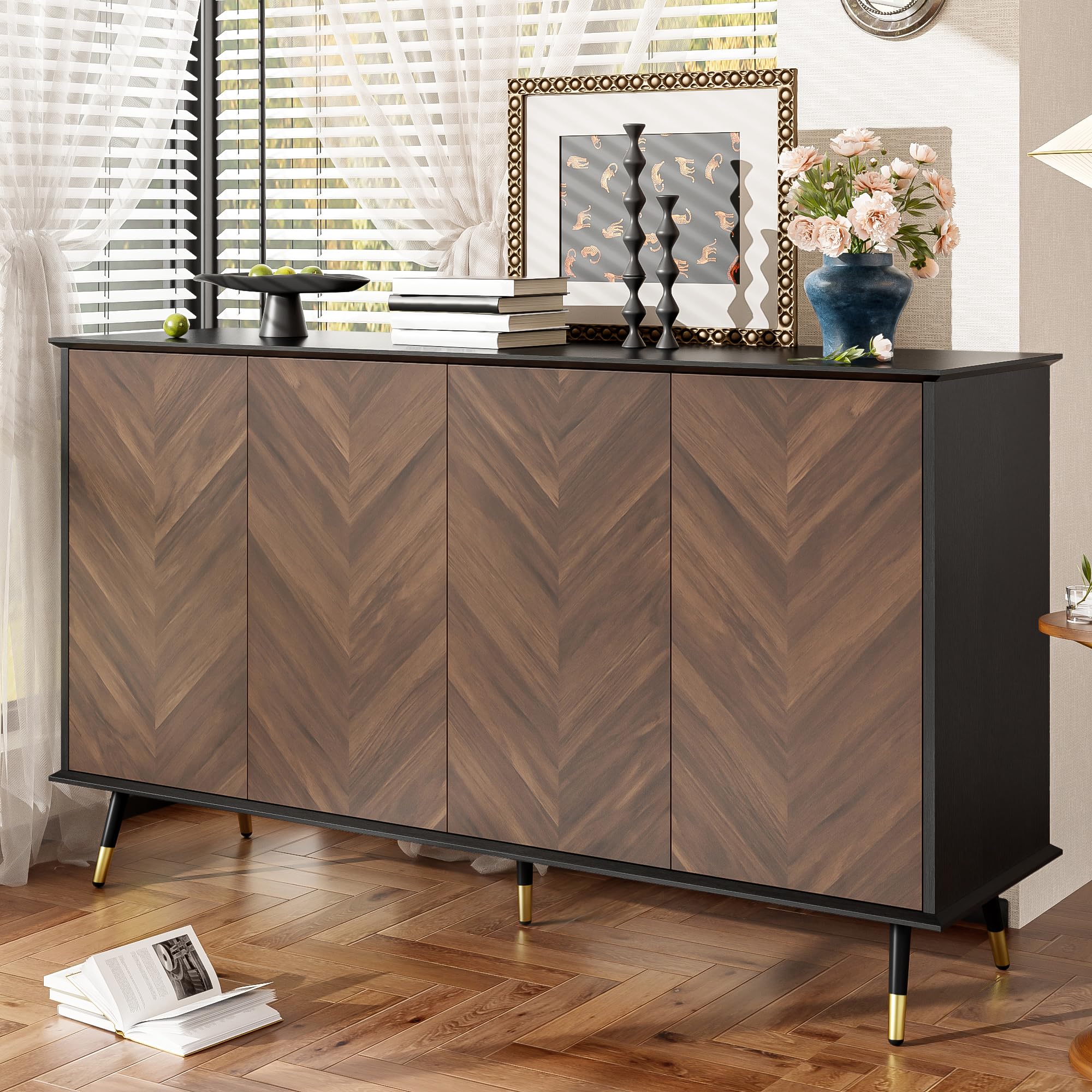 Credenza moderna con motivo a spina di pesce, armadio a buffet con 4 ante e ripiani regolabili in altezza, legno MDF e piedini in metallo, spazio per soggiorno, corridoio e sala da pranzo