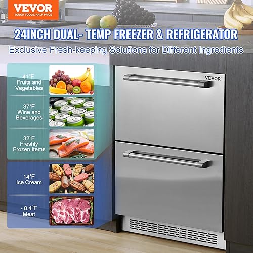 Miniatura 2 de VEVOR Refrigerador bajo encimera de 24 pulgadas, refrigerador de 2 cajones con diferentes temperaturas, capacidad de 4.87 pies cúbicos, impermeable,