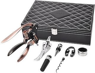 Tirrinia Wine Opener Set, 7 Pcs Premium Wine Bottle Corkscrew All-In-One Sets with Wine Stopper, Pourer, Foil Cutter, Extra Screw In Deluxe Leather Gift Box
