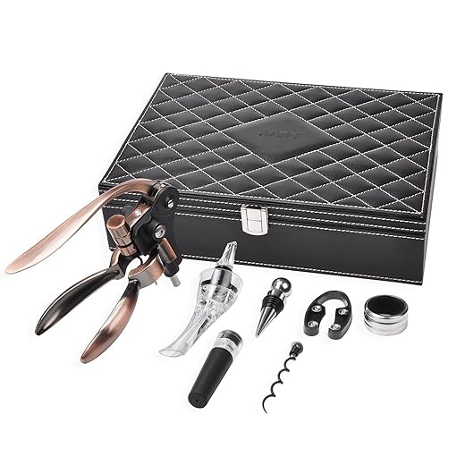 Tirrinia Wine Opener Set, 7 Pcs Premium Wine Bottle Corkscrew All-In-One Sets with Wine Stopper, Pourer, Foil Cutter, Extra Screw In Deluxe Leather Gift Box