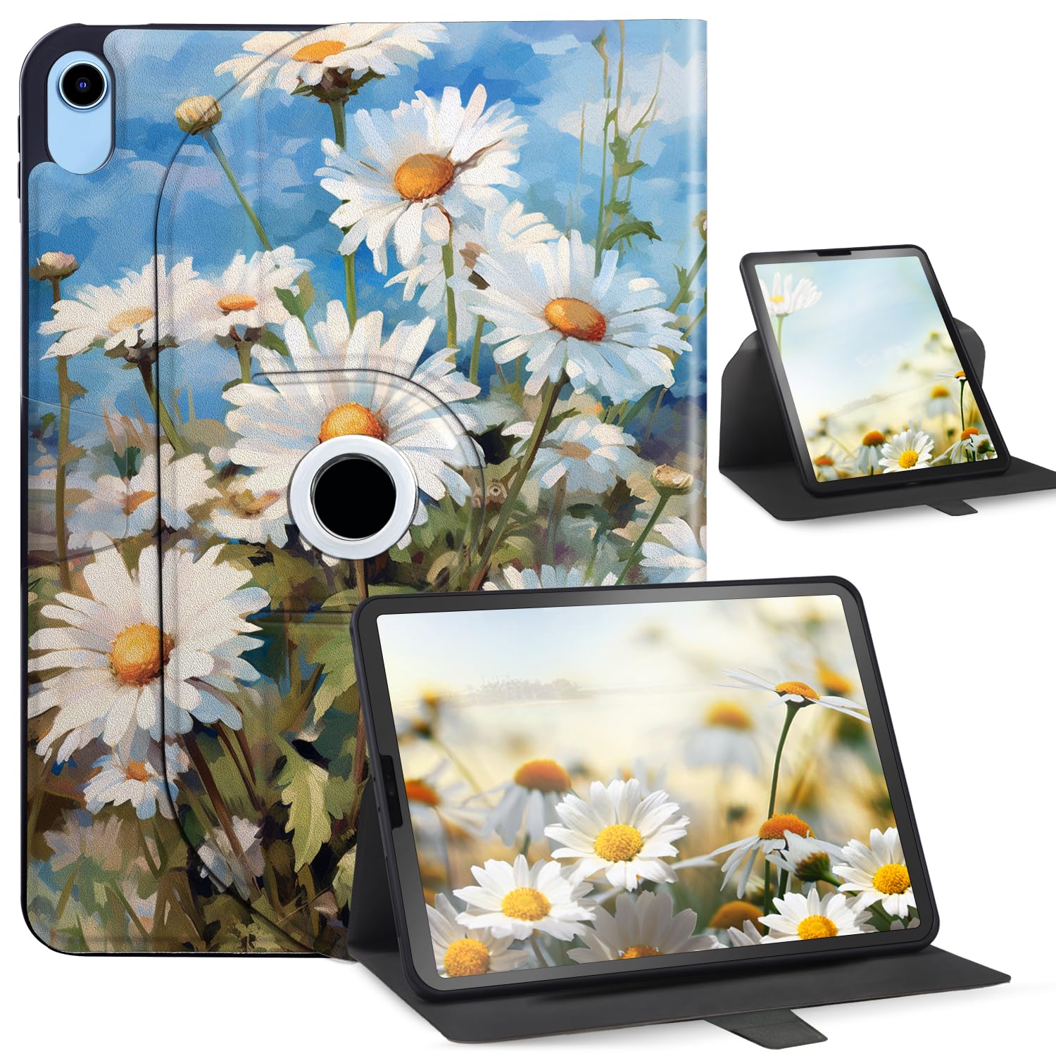 Case for iPad 10th Gen 10.9 Inch/iPad 11th (A16) 2025 - Rotating Stand with Multi-Angle Viewing, Auto Wake/Sleep, for iPad 10.9 Inch, White Daisy