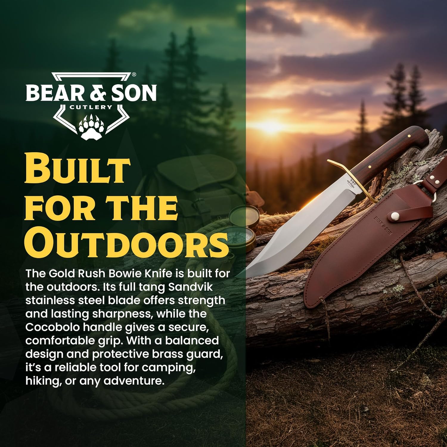 Bear & Son Durable Gold Rush Bowie Knife – 14.75" Full Tang Fixed Blade with Sandvik 12C27M Stainless Steel, Cocobolo Wood Handle, Brass Guard & Leather Sheath for Hunting, Survival & Outdoor Use