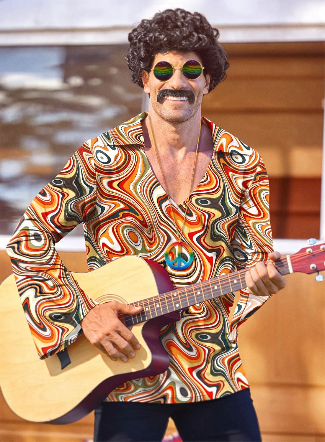 Mainfini 5 Pcs Mens Hippie 70s Halloween Costume Floral Retro Disco Outfit