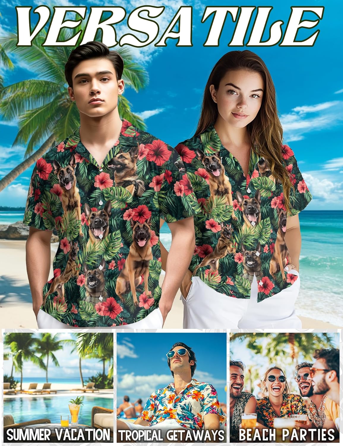 Boxer Dog Pattern Hawaiian Shirt for Men, Button Down Summer Beach Short Sleeve, Dog Lover Gifts, Sizes S-5XL