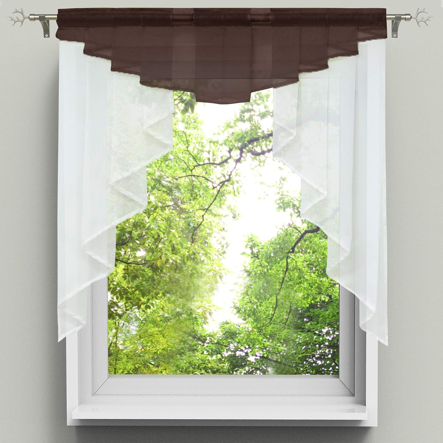 HongYa clear, voile slit curtain, drawstring, short stores, kitchen, small window curtain., Polyester, brown, H/B: 145/140 cm - Image 3