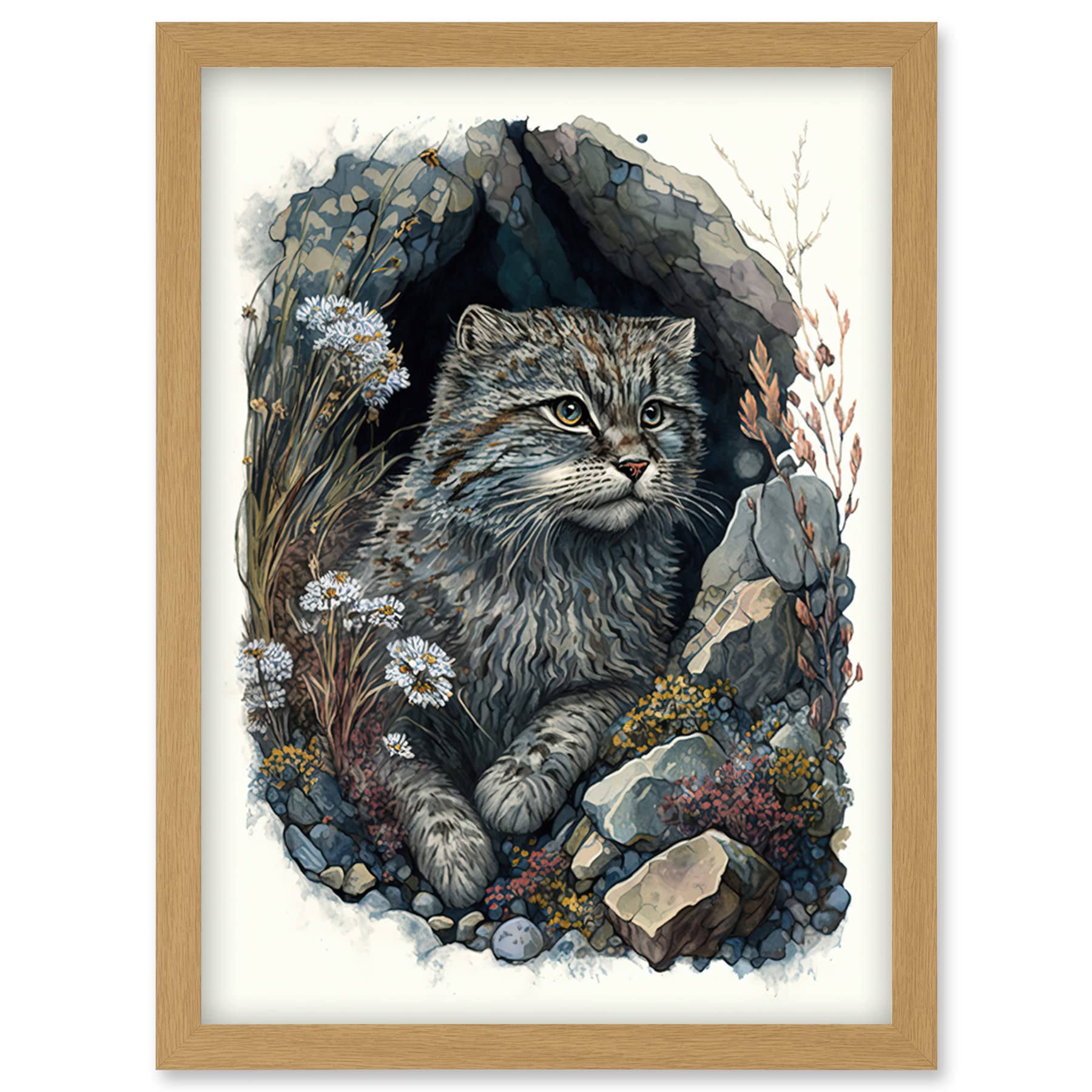 Artery8 Wild Cat in Rock Cavity with Wildflowers Detailed Watercolour Illustration Artwork Framed Wall Art Print A4