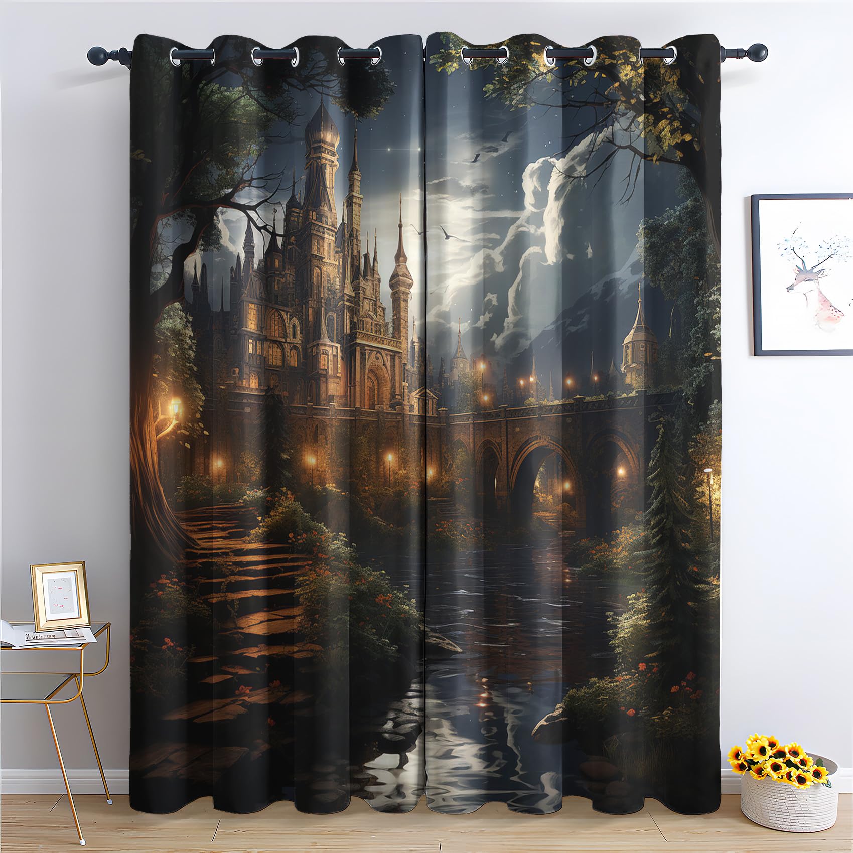 QEODAH Castle Bedroom Curtains Blackout - Fantasy Fairytale Magic Landscape Living Room Curtains 46x54 Eyelet - Soft Thermal Insulated Patterned Drapes for Windows - 2 Panels