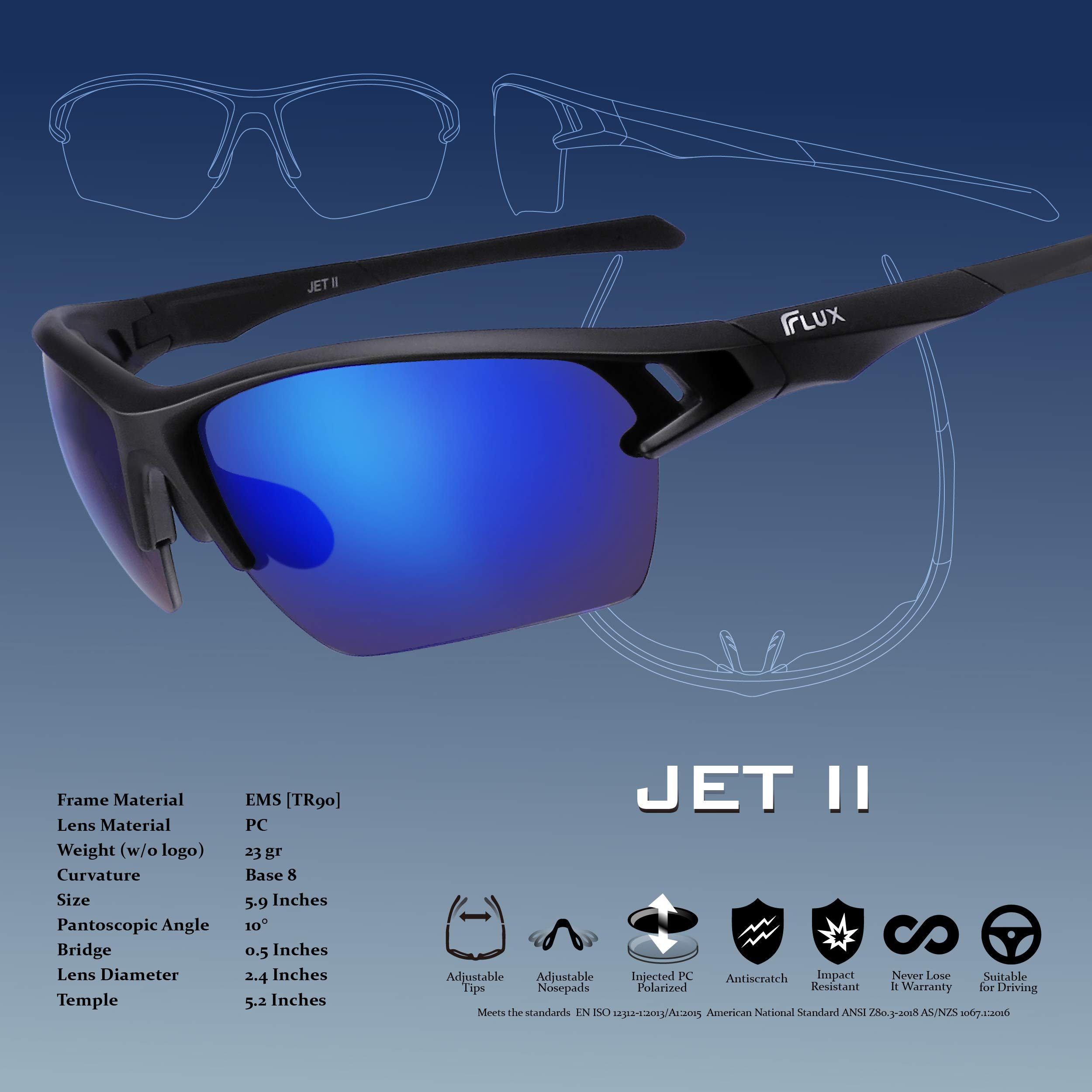 ICECUBE JET II NEO - Gafas de sol deportivas polarizadas UV400, ligeras, con almohadillas nasales y patillas ajustables para ciclismo, pesca y conducción (Negro/Azul)