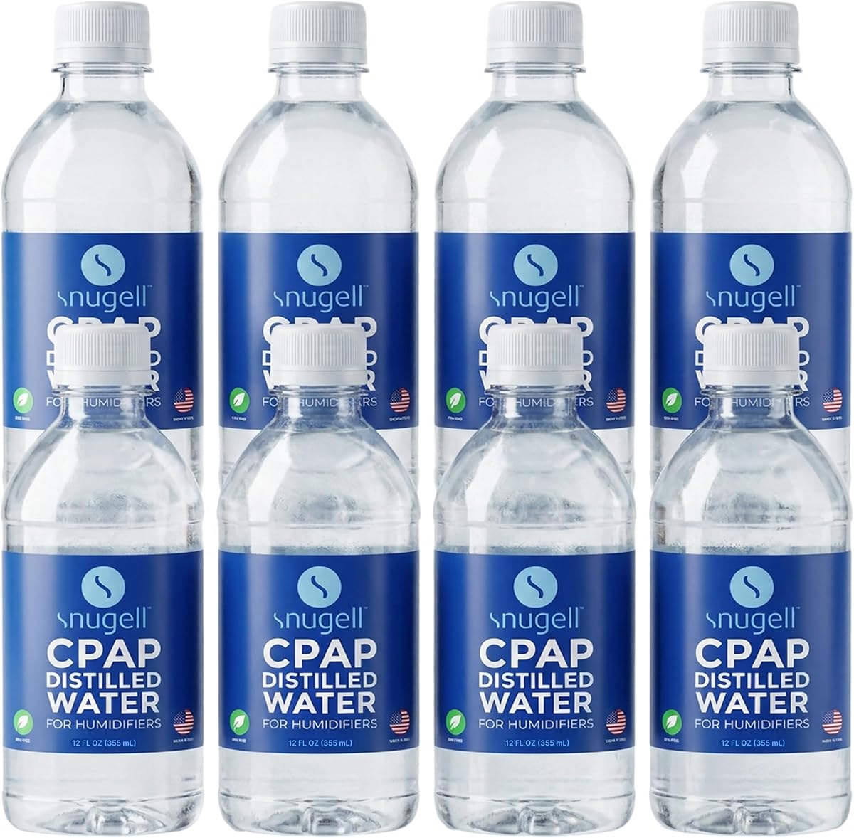Snugell Distilled Water for CPAP Machines, Travel Size Bottles (8-Pack, 12 oz Each) – Up to 12 Days Supply – Clean, Multi-Use, Travel-Friendly, Made in USA