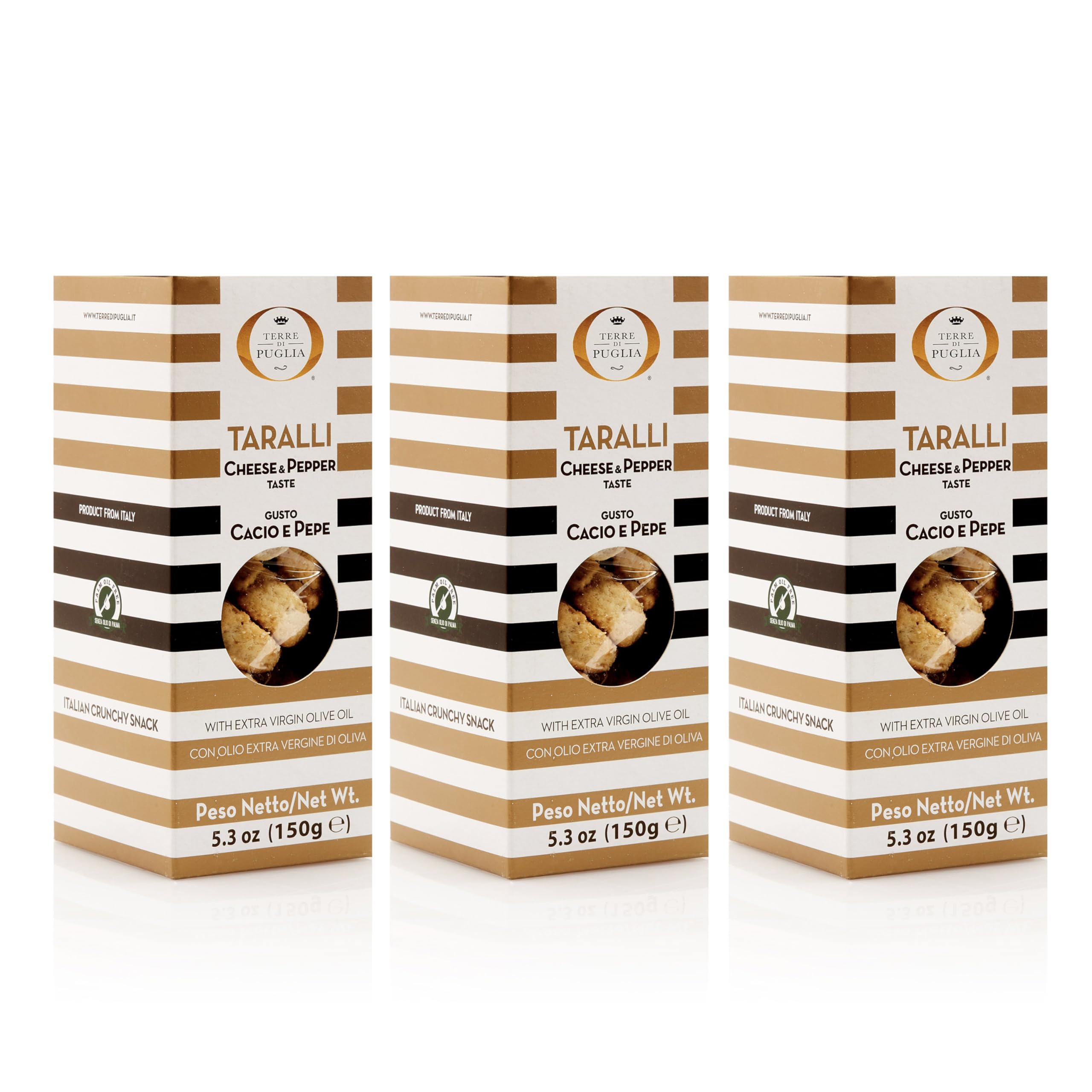 Taralli Cacio e Pepe | 3 Packs of Apulian Taralli | Cheese and Pepper Flavor | 3 Boxes of 150g each