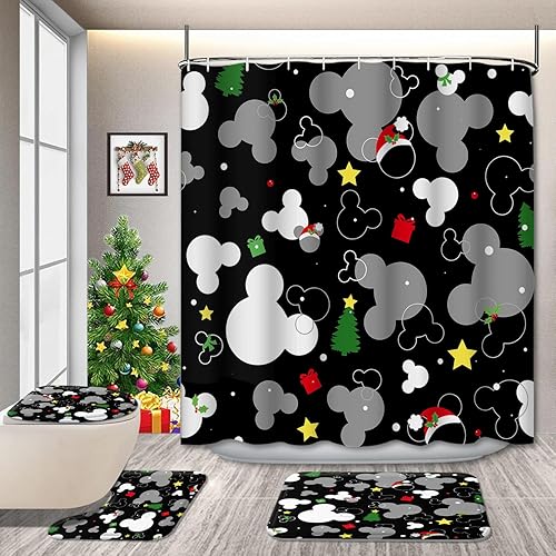 GRIEKOWE Juego de 4 cortinas de ducha con alfombra antideslizante, tapa de inodoro y tapete de baño, cortina de ducha de bolas de Navidad plateadas