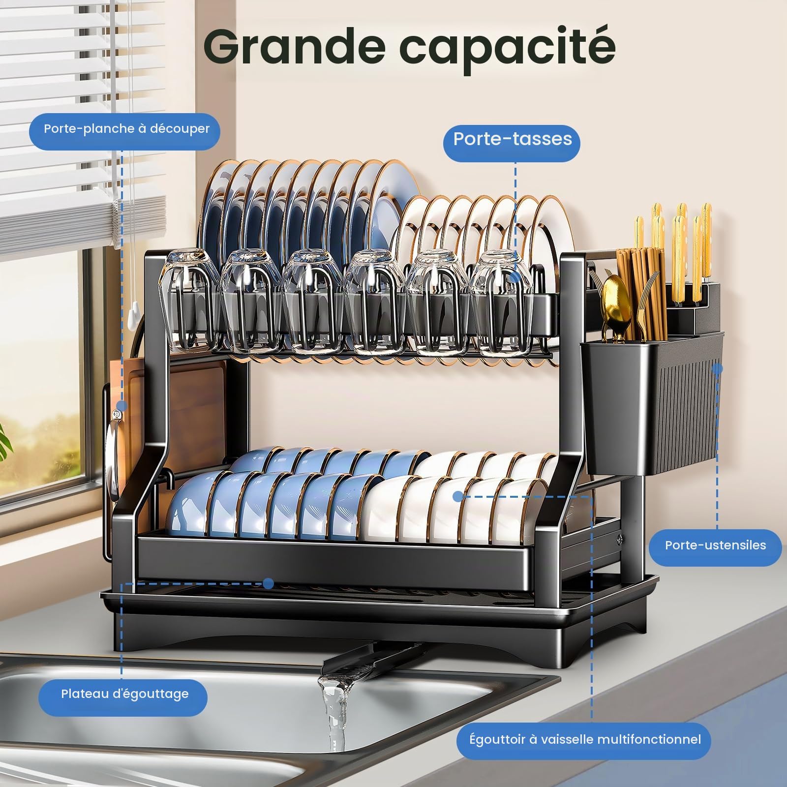 UCAMP Kitchen Dish Drainer with 2 Levels, Stainless Steel Dish Drainer, Utensil Holder, Cup Holder and Drip Tray, Black