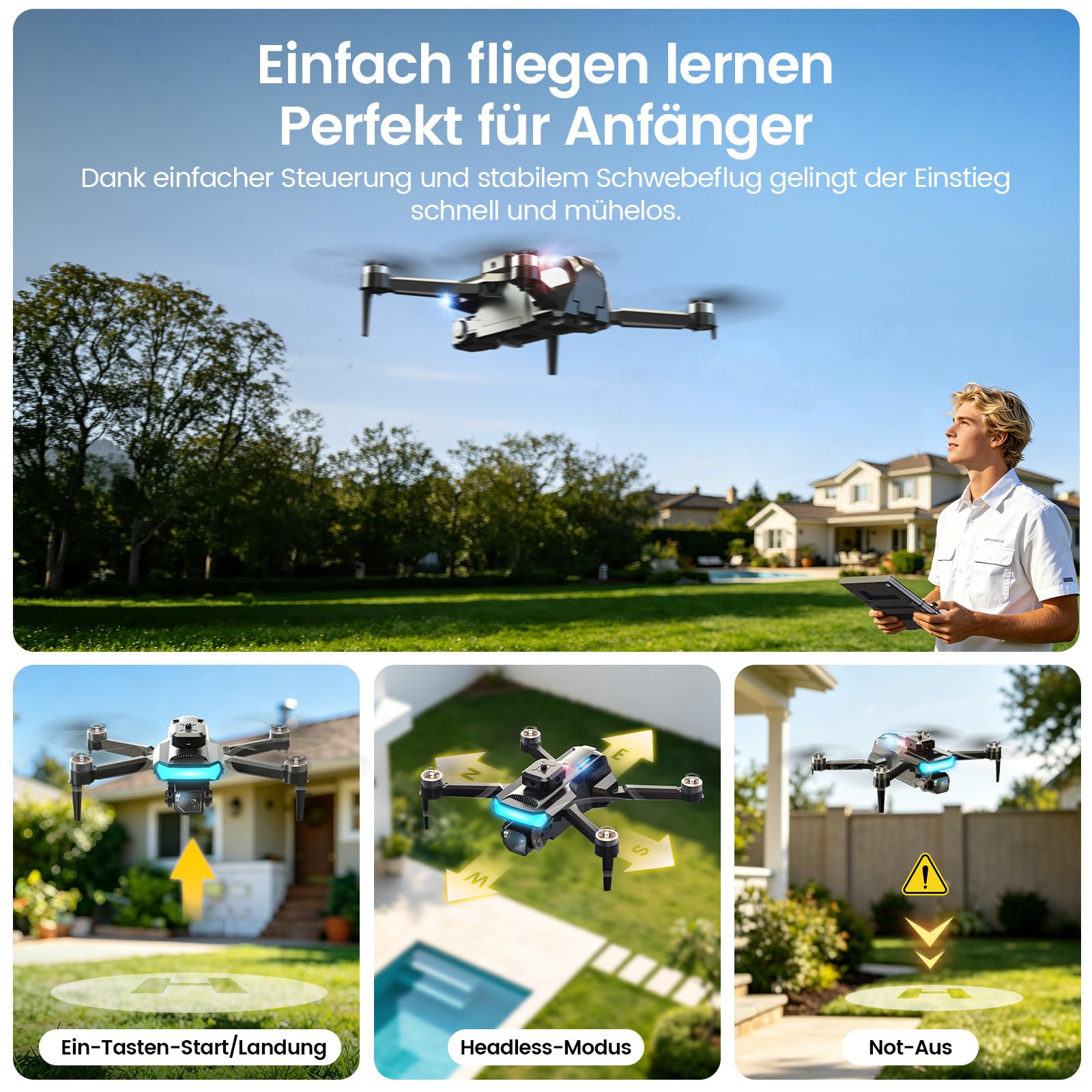 DEERC Drohne mit Kamera 1080P, faltbarer Quadrocopter für Jugendliche und Anfänger, 4,3-Zoll-HD-Bildschirm-Fernsteuerung, bürstenloser Motor, Hindernisvermeidung, 2 Akkus, Tragetasche inklusive