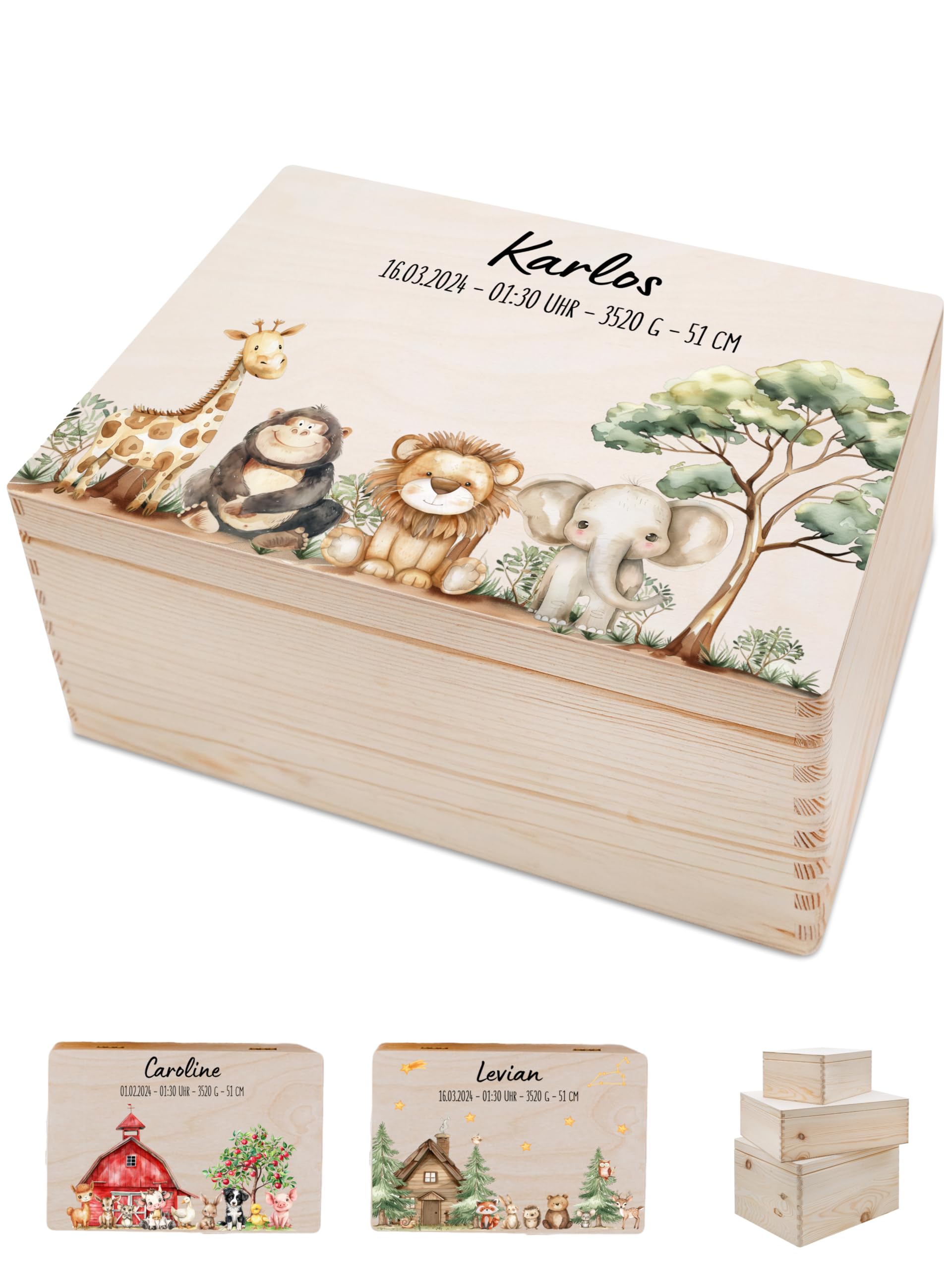 Bärenfreunde - Personalisierte Erinnerungsbox Baby mit Spezial-Druck - Individuelle Baby Erinnerungsbox - Erinnerungskiste aus Holz - Geschenk zur Geburt (S | Klappdeckel,Safari Tiere)