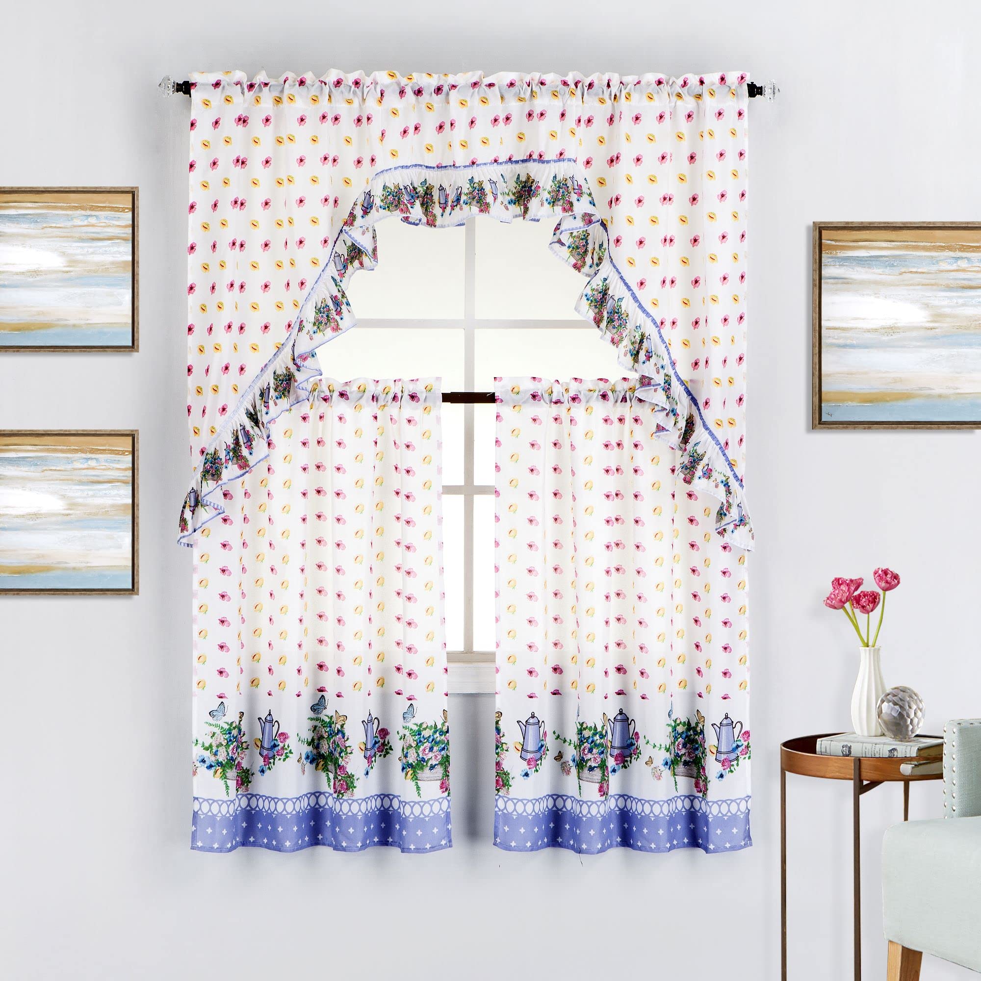 3-Piece Rod Pocket Printed Kitchen Curtain Swag Valance & Tiers Set, Flowers