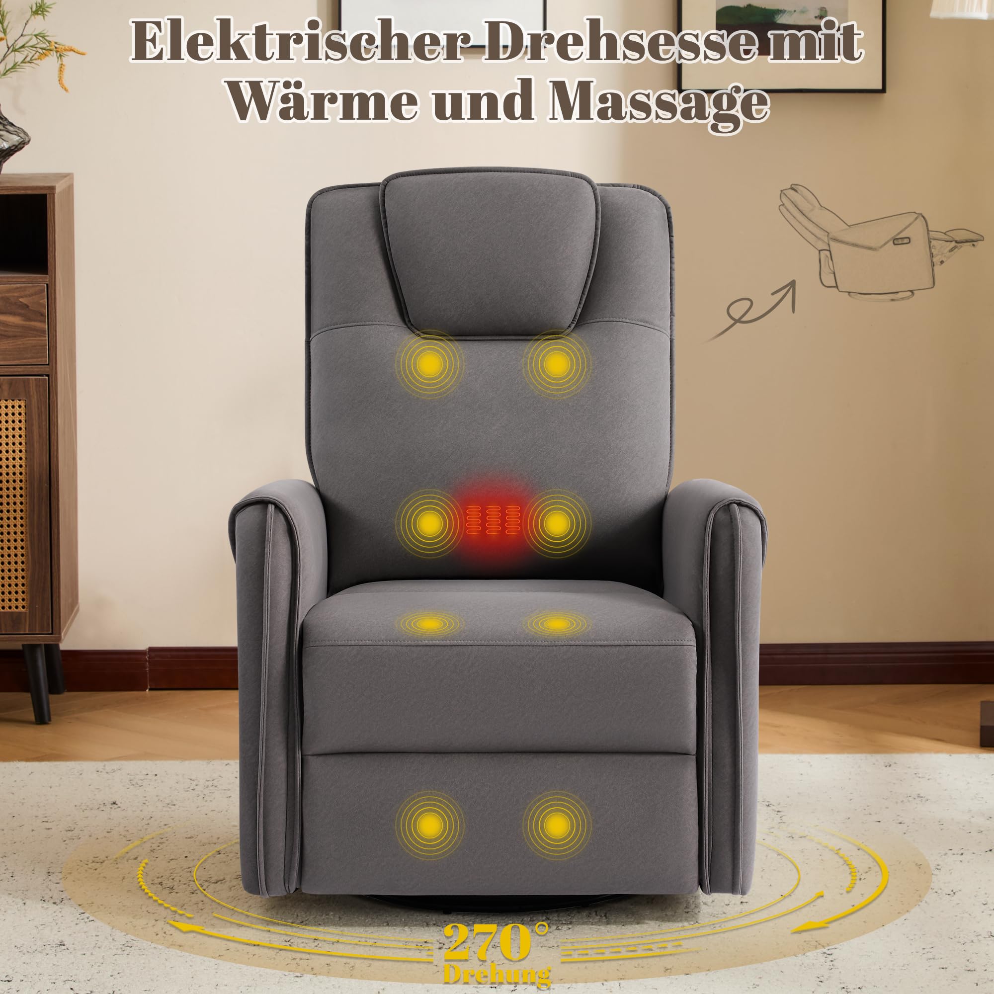 Elektrischer Relaxsessel mit Massage und Wärme, Fernsehsessel 270° Drehbar mit Liegefunktion, Massagesessel mit Schaukelfunktion für Wohnzimmer (Grau)
