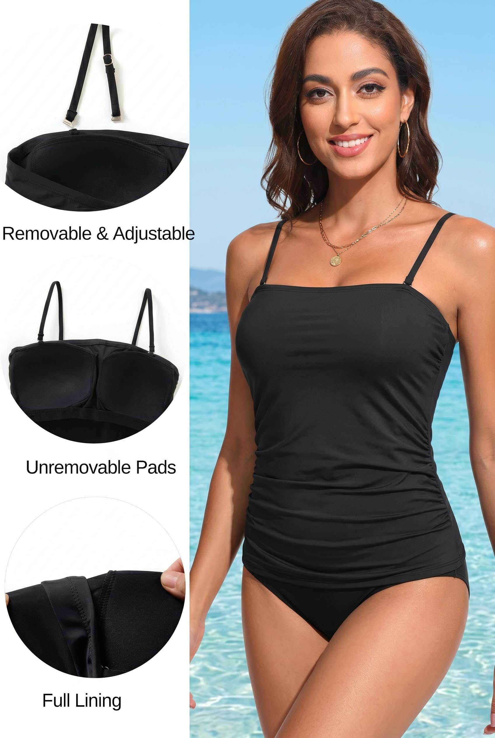 Aqua Eve - Tankini, costume da bagno a fascia per le donne da due pezzi, costume da bagno increspato per il controllo della pancia, senza spalline