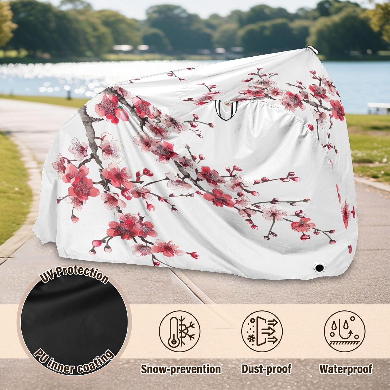 ALAZA Cherry Blossom Flower Red & Pink Bike Cover Waterproof Outdoor Ebike Bicycle Covers Tarp Protection for 1/2 Bikes, Sun UV Dust Wind Proof