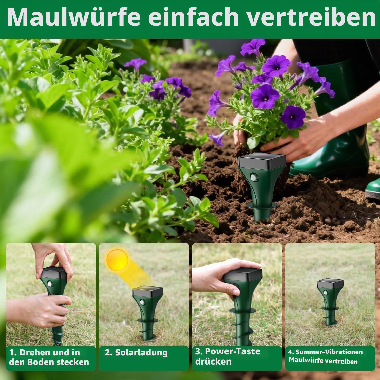 Maulwurf Vertreiber 4er, Solar Maulwurfschreck Testsieger mit Ultraschall, IP65 Wasserdicht, Effektive Wühlmausabwehr gegen Maulwürfe und Wühlmäuse, für Garten & Rasen