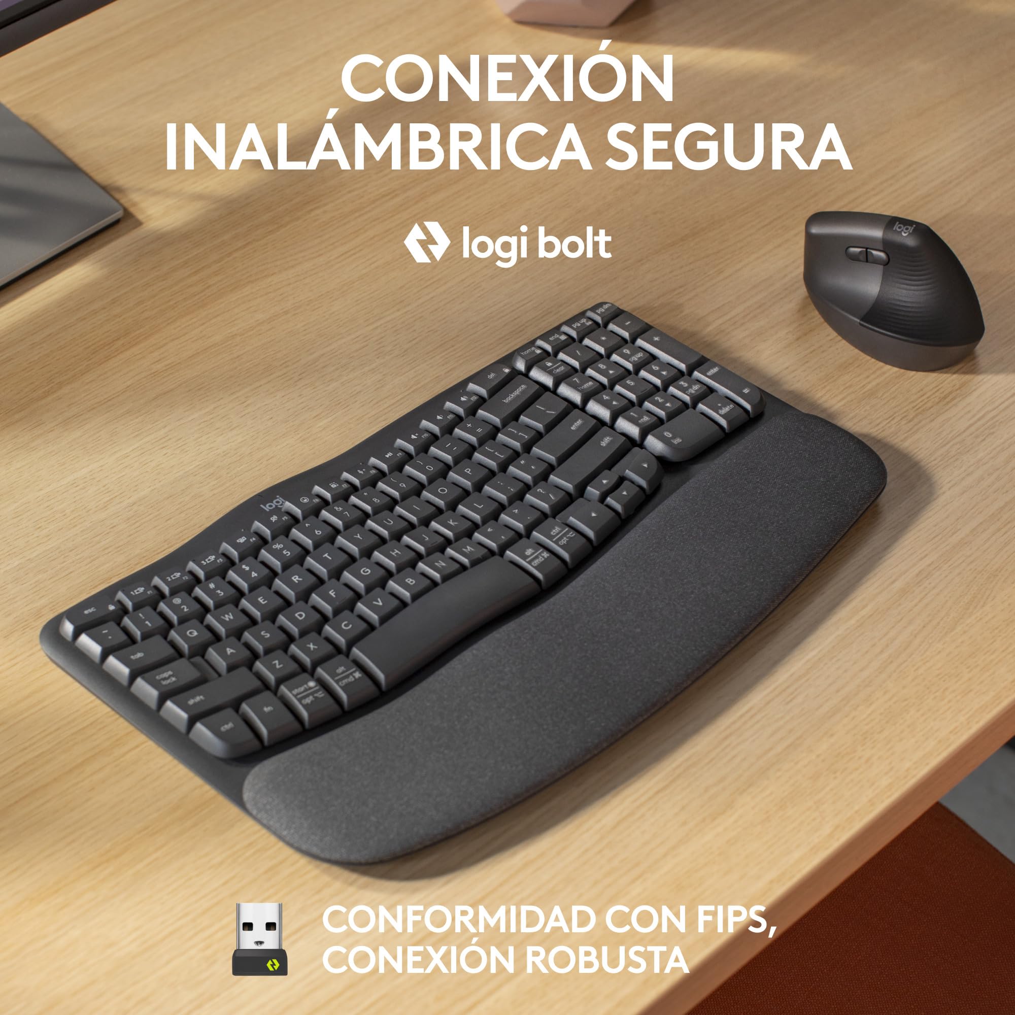 Logitech Wave Keys for Business, teclado ergonómico inalámbrico con reposamanos acolchado, tecnología Logi Bolt segura, Bluetooth, compatible, Windows/Mac/Chrome/Linux, Disposición QWERTY ESP, Grafito