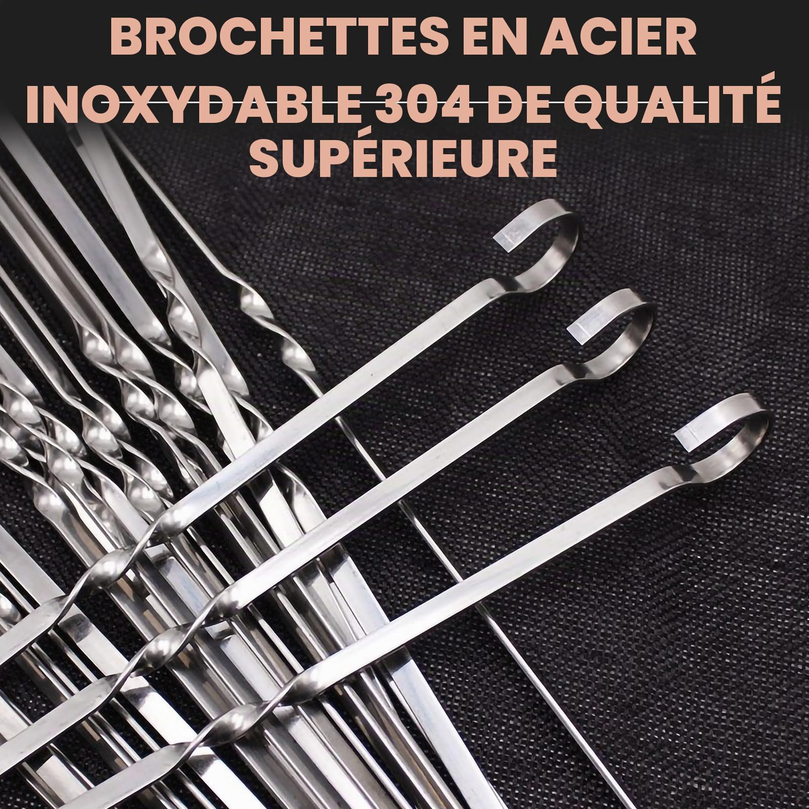 Lot de 20 Brochettes à Viande en Acier Inoxydable 304 de Premium, 40 cm Brochettes en Métal Plat pour Barbecue avec Sac en Nylon Portable