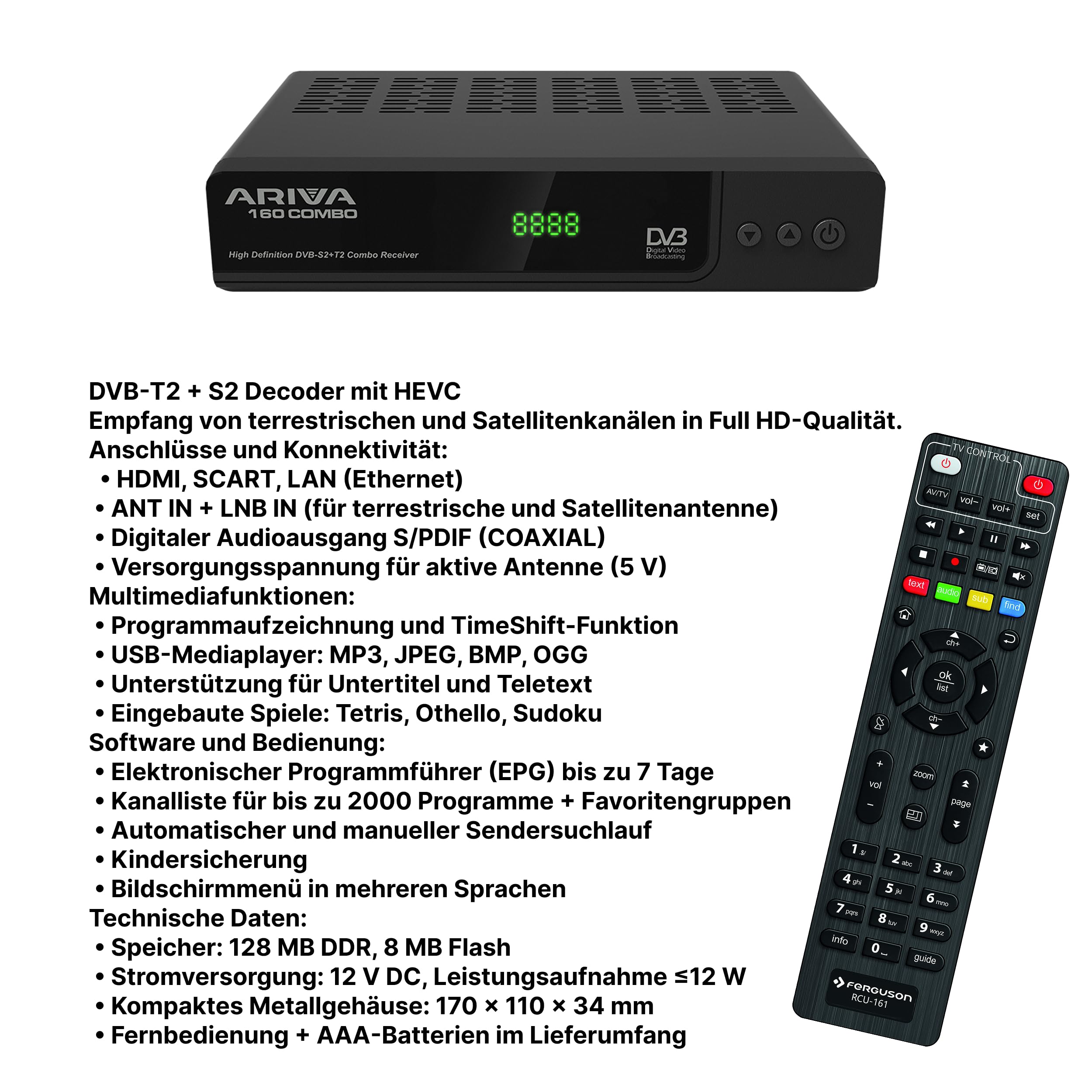 Ferguson Ariva 160 Combo FTA (Free to Air) – DVB-S2 & DVB-T2 Receiver mit Full HD, H.265 HEVC, PVR, DLNA, WebApps, USB, LAN und programmierbarer RCU 161 Fernbedienung