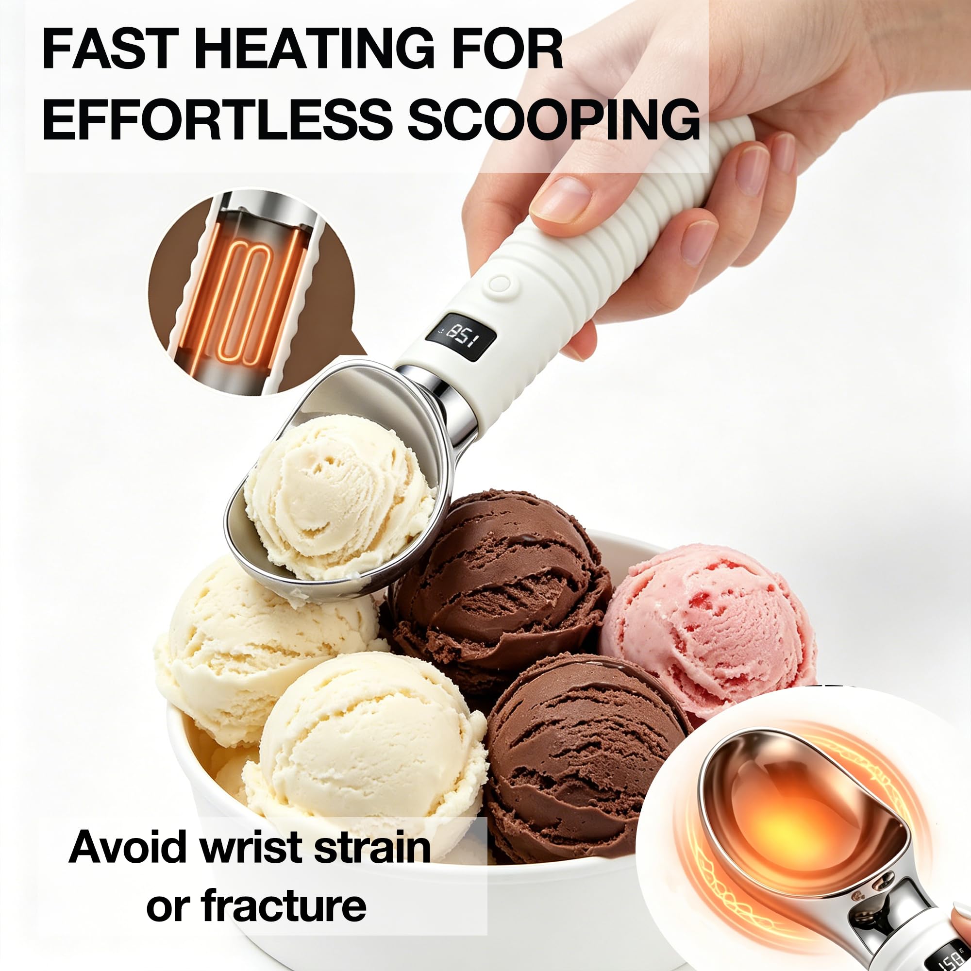 Beheizter Eisportionierer, Eiskugelzange mit 2 Temperaturstufen und LED-Anzeige, IP67 wasserdicht, ergonomische Smart-Touch-Steuerung für Gelato, Sorbet und Frozen Yogurt
