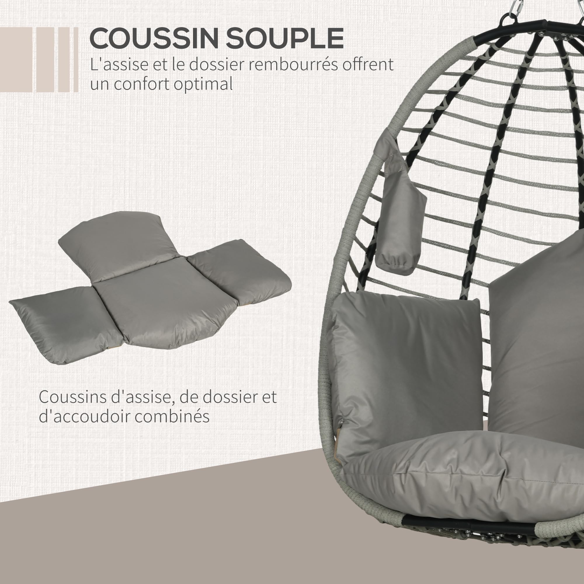 Outsunny Fauteuil œuf Suspendu balancelle Pliante avec Coussin et Support Usage intérieur extérieur métal Corde en polypropylène dim. 110L x 100l x 188H cm Gris
