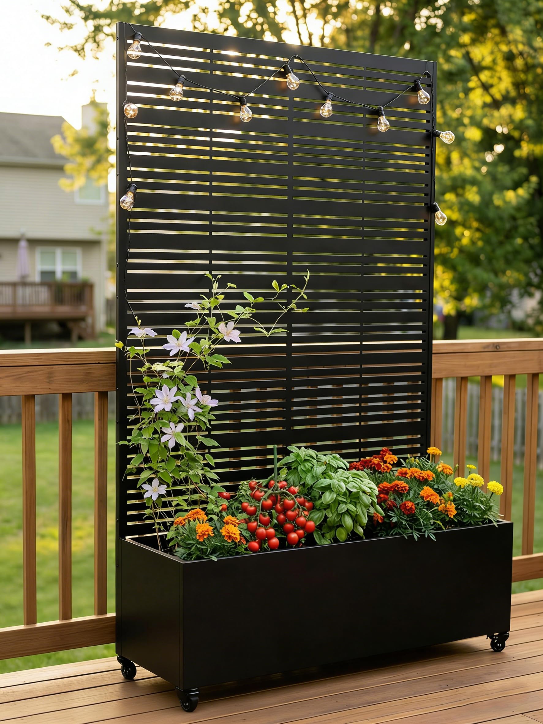 Hochbeet mit Sichtschutz, Metall Pflanzkasten mit Rankgitter und Rollen, freistehender Pflanzkübel 33cm tief, wetterfest für Blumen und Kletterpflanzen - Ideal für Garten, Balkon und Terrasse
