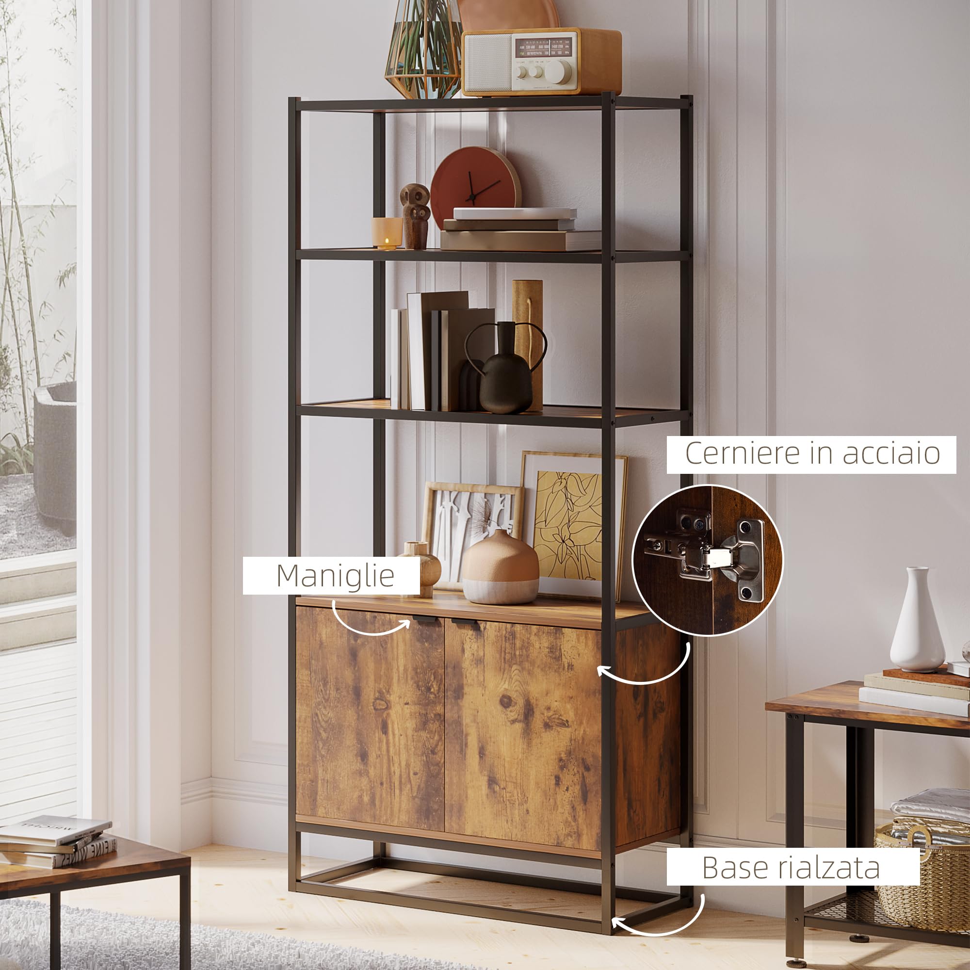 HOMCOM Scaffale Libreria Vintage 3 Ripiani in Legno Nero 76x33x162.5cm