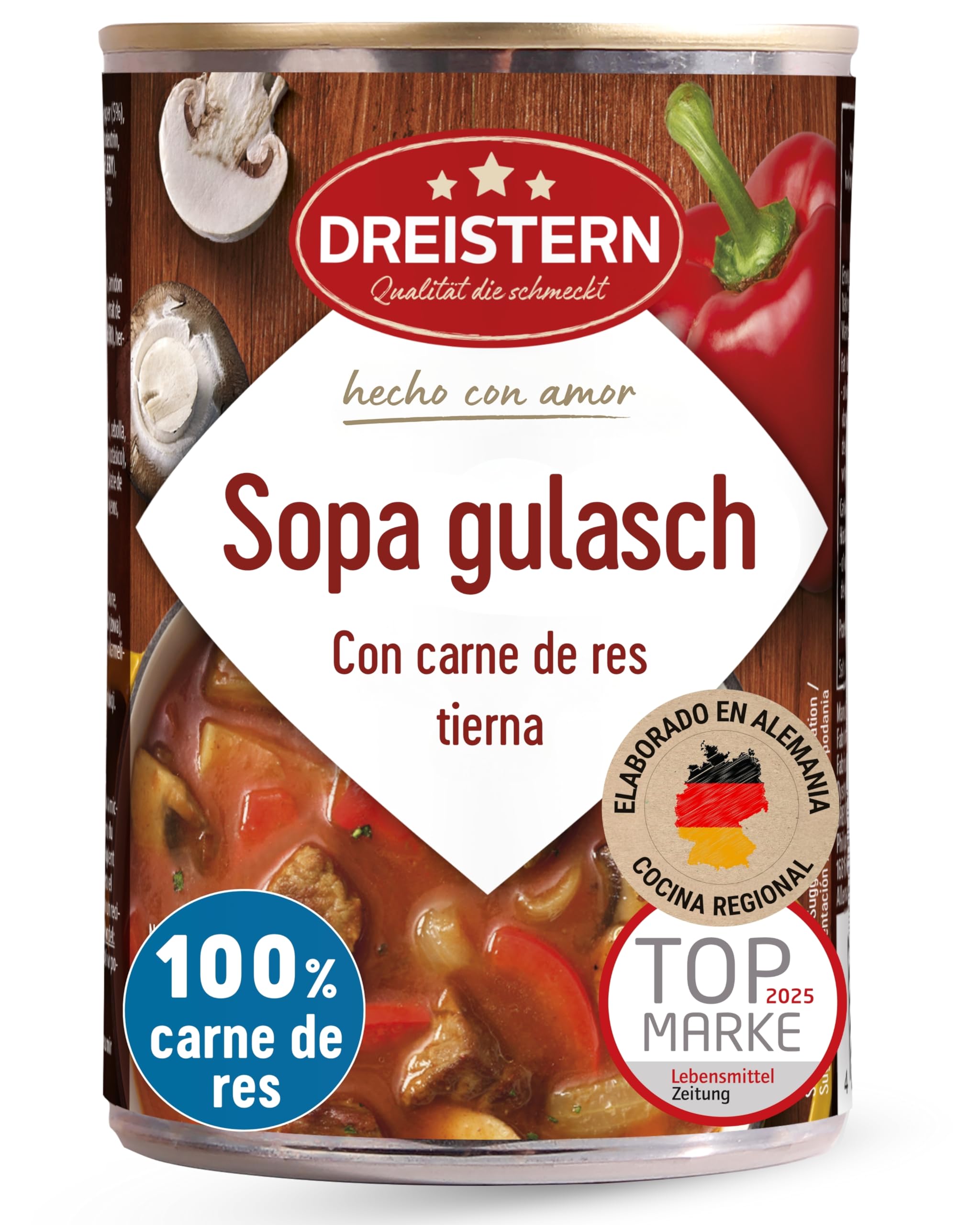 DREISTERN Sopa de Gulash Picante 400 g I Con carne de res tierna & verduras I Guiso picante en lata reciclable I Larga duración gracias a la conservación natural I Calidad casera