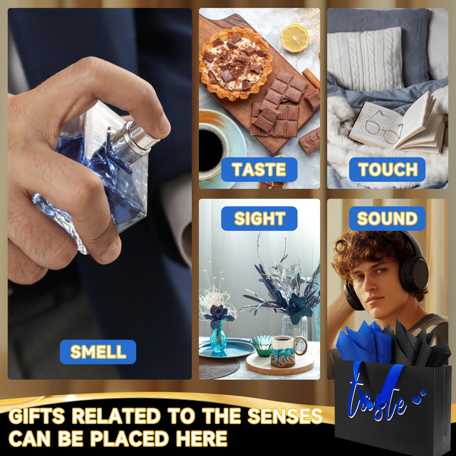 Epoesch 5 Senses Gift Bags for Him with Labels & Tissue Paper | Happy Birthday Decorations Kit with Banner, Balloons, Rose Petals, Envelope, Card for Men, Boyfriend, Husband(Black - Blue lettering)