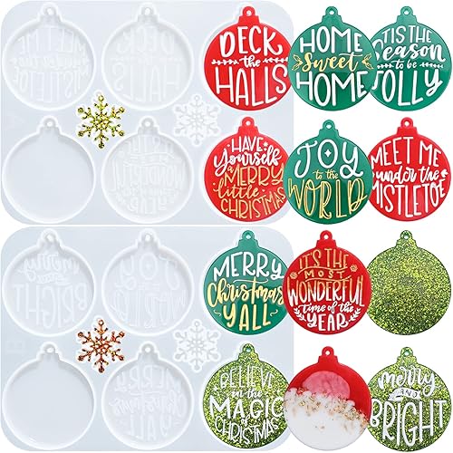 Moldes de resina de Navidad de silicona, 2 piezas de adornos de Navidad para resina epoxi, moldes redondos con letras para fundición de resina,