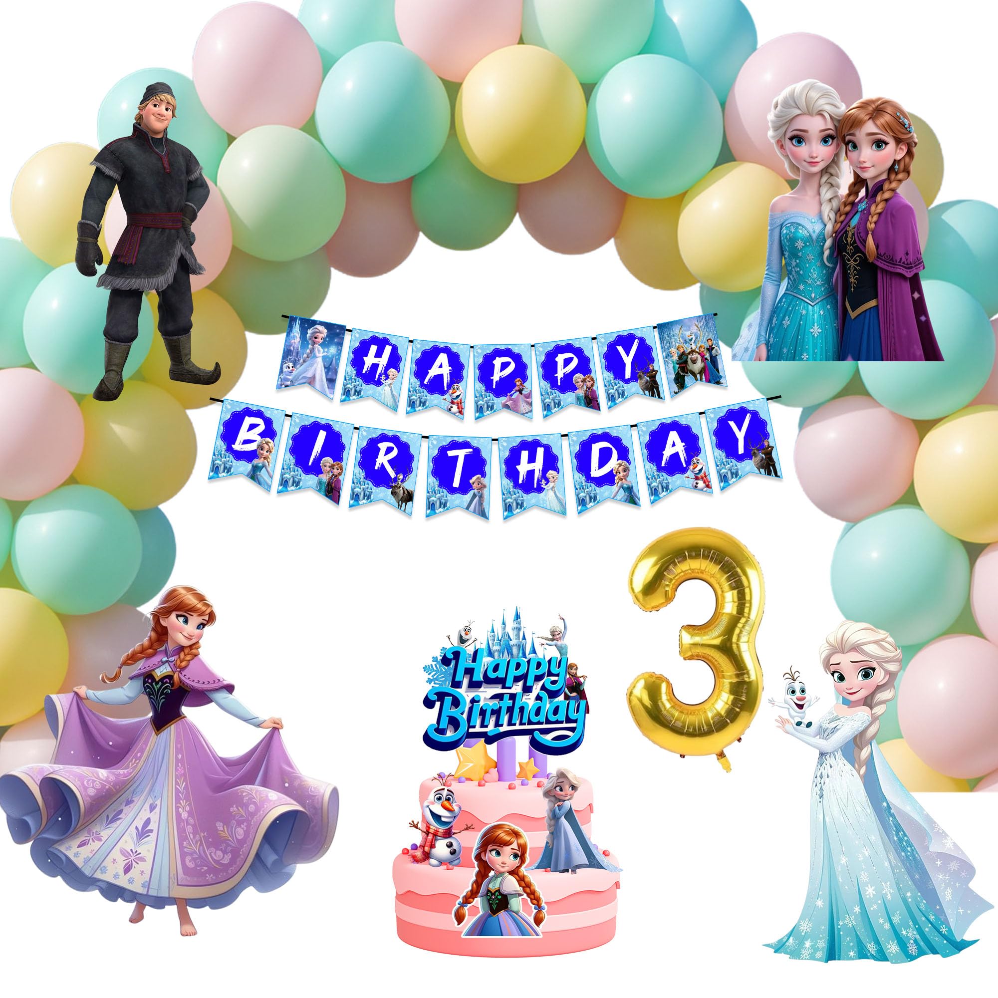 Partyjoy Frozen Theme Birthday Decoration Kit for Girls | Ice Princess Happy Birthday Banner with Cake Topper & Cupcake Toppers (3ed birthday)-image-49