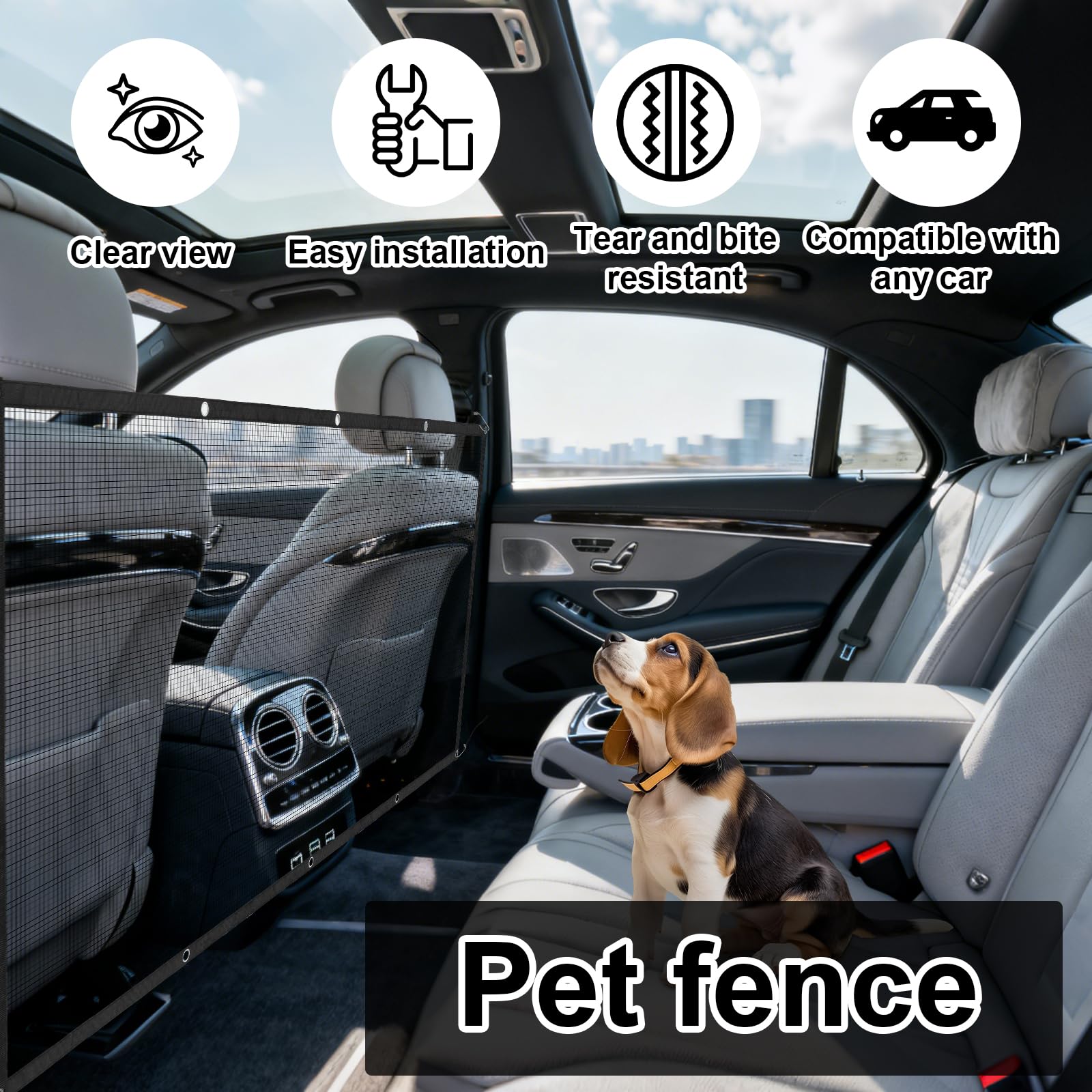 divisorio auto per canii 115 × 62 cm,rete per cani auto per cani, Robusto sedile posteriore per auto per cani con 4 ganci e 2 corde regolabili - rete divisoria auto per cani per SUV, station wagon