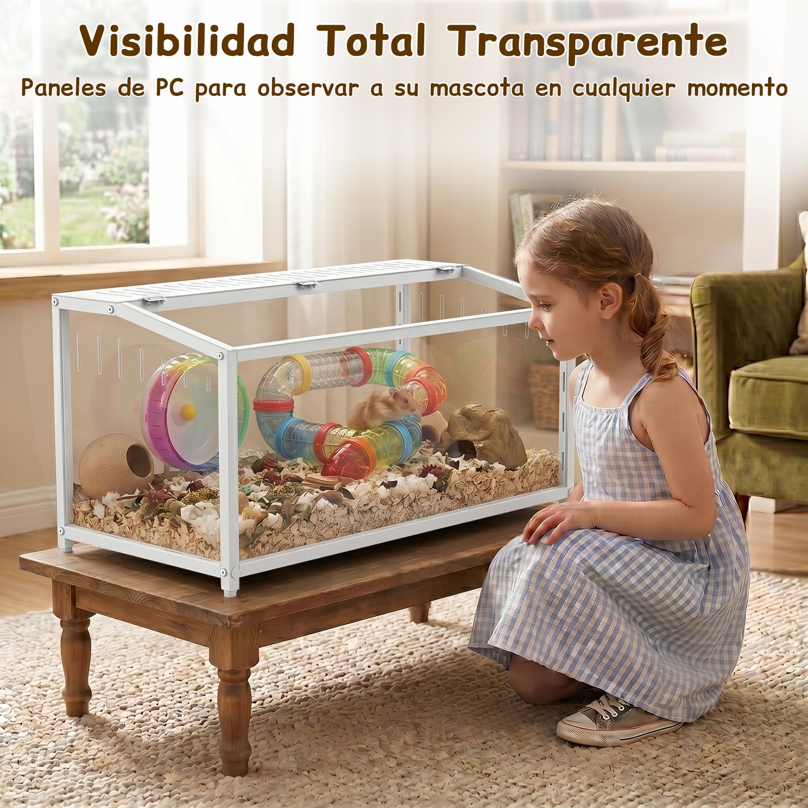 BORISI Jaula Hamster Metal 81x40,6x40,6 cm, Anti mordeduras, Blanco | paneles PC duraderos, marco anti mordidas, tapa superior, buena ventilación, fácil de limpiar, para hámster enano
