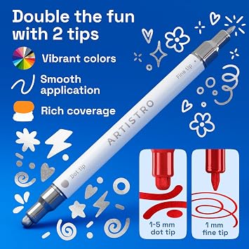 ARTISTRO 12 Metallic Dual-Tip Acrylic Paint Markers Paint Pens Set with Dot & Fine Tips for Fabric, Rock, Glass, Wood, Coloring Books Arts & Crafts Gift Classroom Must Haves & School Supplies