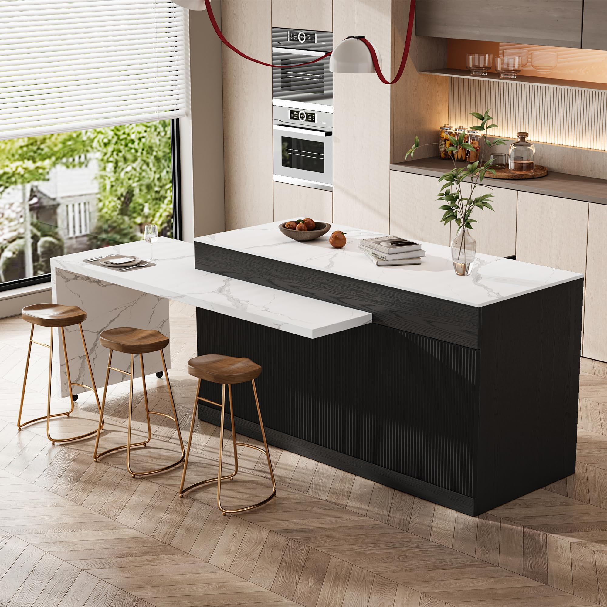 Homary Ausziehbarer Kücheninsel Freistehend Schwarze mit Stauraum und Sinterstein Arbeitsplatte, Umwandelbarer Esstisch für Küche und Esszimmer, 205-268cm x 90cm
