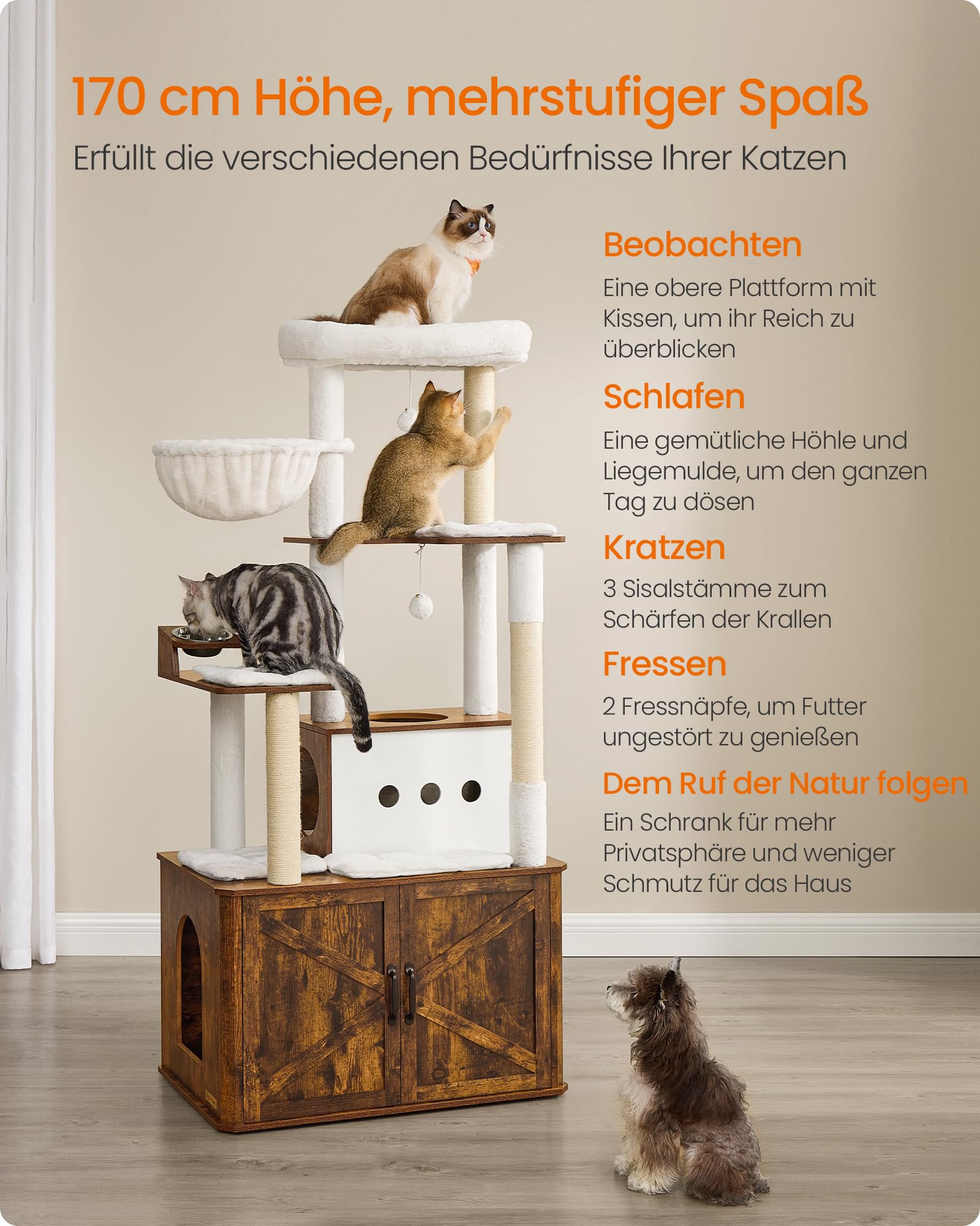 Feandrea Kratzbaum, 170 cm hoch, mehrstöckiger Katzenbaum, große Höhle, Liegemulde, Kratzstämmen, Plüschbälle, Katzenklo-Schrank, vintagebraun PCT169K01