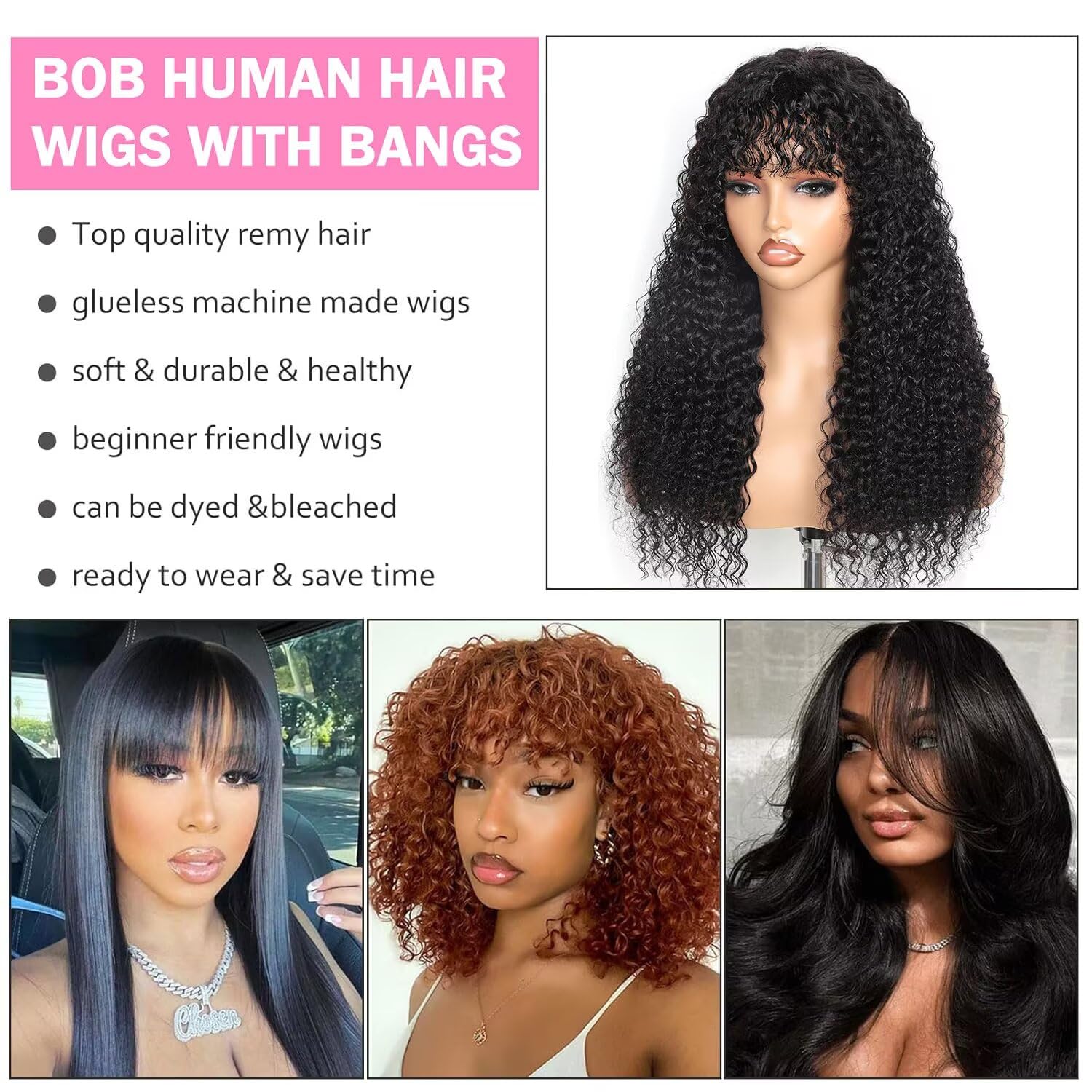 Parrucche Per Capelli Umani Hmuan Hair Wig With Bangs 180% Density Kinky Curly Wig for Women Brazilian Virgin Parrucche Ricci Nera Con Frangia 18 inch