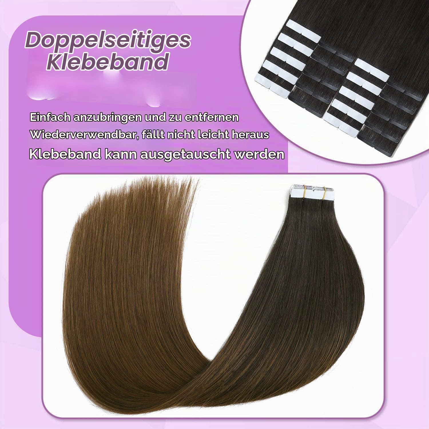 Sindra Tape Extensions Echthaar Ombre Schwarz to Dunkel Braun 50cm | Haar Extensions Echthaar Tape, 20 Stück 50g, Remy Echthaar, Unsichtbare Tape-Verbindung, Glattes Haar, 20 Zoll