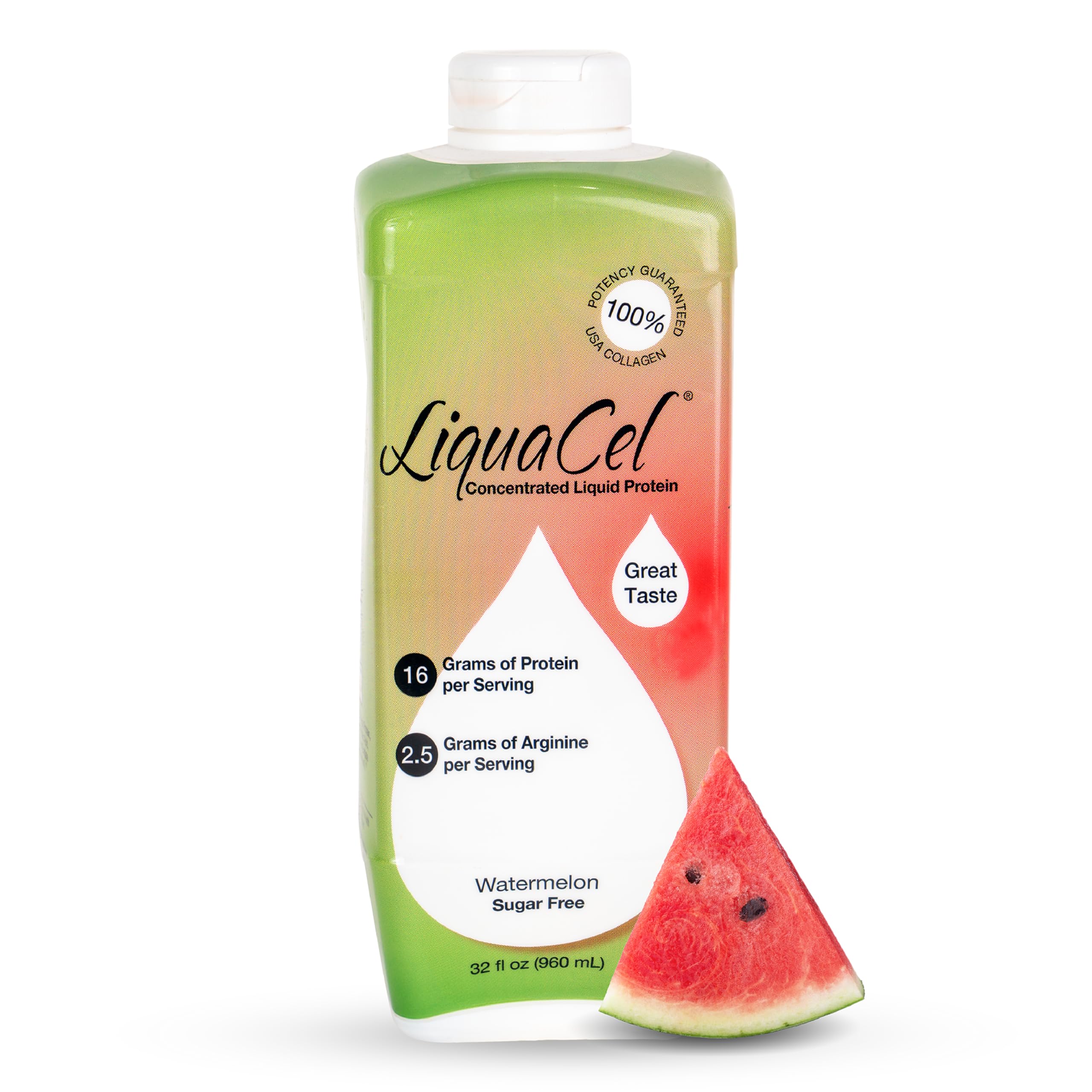 Concentrated Liquid Protein, Watermelon Flavor, Ready-to-Drink, 16g Hydrolyzed Collagen Protein and 2.5g Arginine Per 1oz Serving, Sugar & Gluten Free, 32 fl oz Bottle