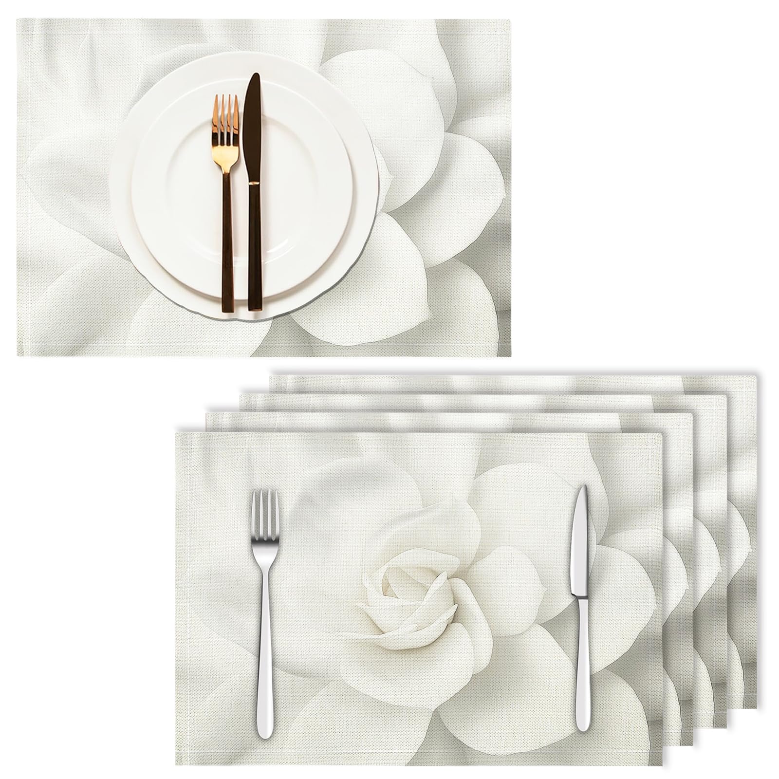 Set di 8 Tovagliette Americane Lavabili Cotone Lino Astratto - Tovaglietta Americana Resistenti al Calore Durevole Fiori bianchi - per Colazione Pranzo 30×45 cm