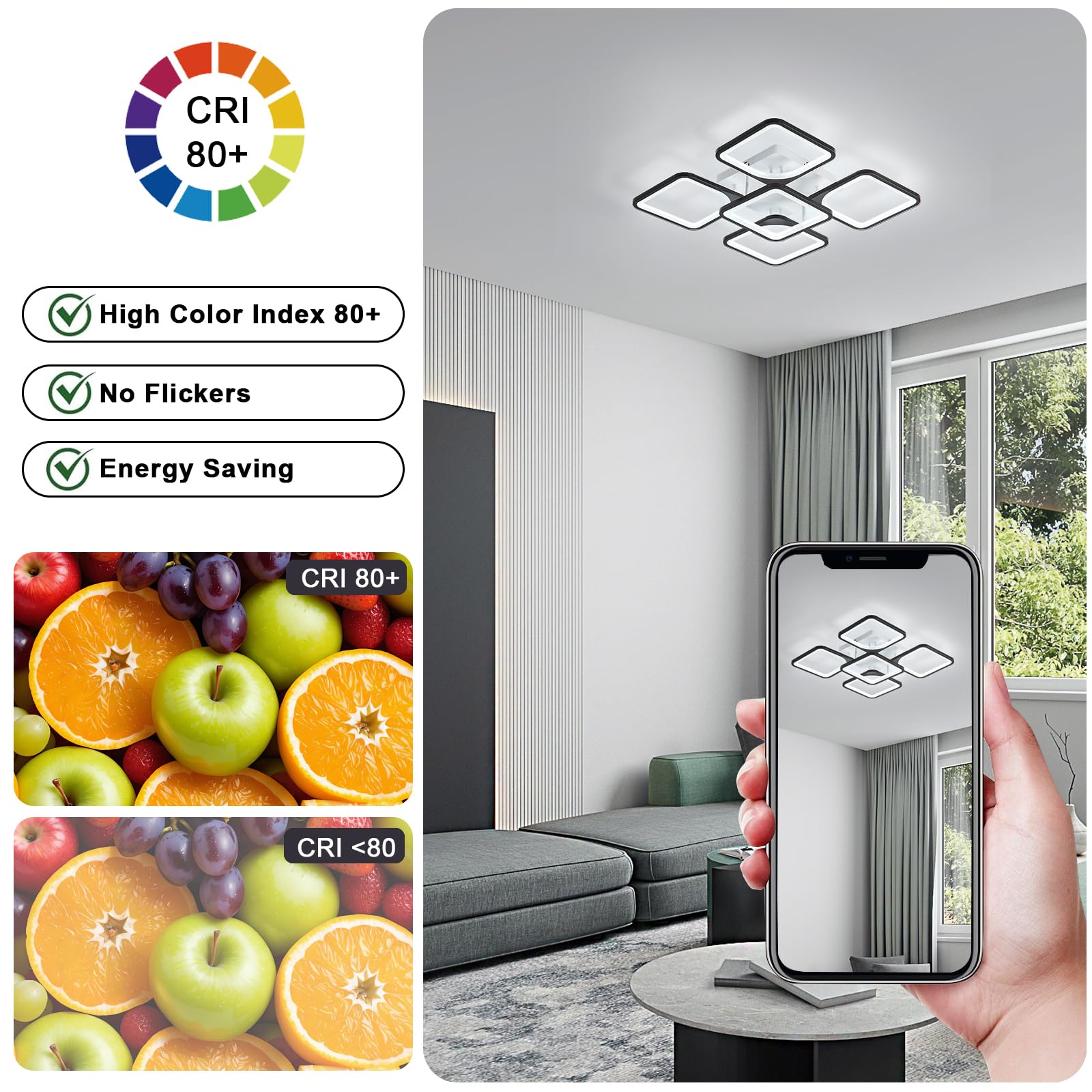 Nowoczesna lampa sufitowa LED, kwadratowa akrylowa lampa sufitowa 75W, czarne zimne białe światło 6500K do salonu, sypialni, gabinetu (5 żarówek)
