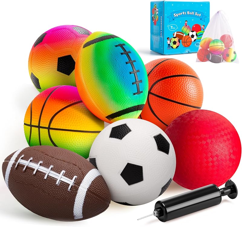 EVERICH TOY Soft Sports Balls Set, 7 Pack 5" Small Outdoor Toys for Kids | Soft Rubber Sports Ball Set with Playground Balls, Football, Soccer, Basketball, Indoor Outdoor Play Toys Gift for Boys Girls