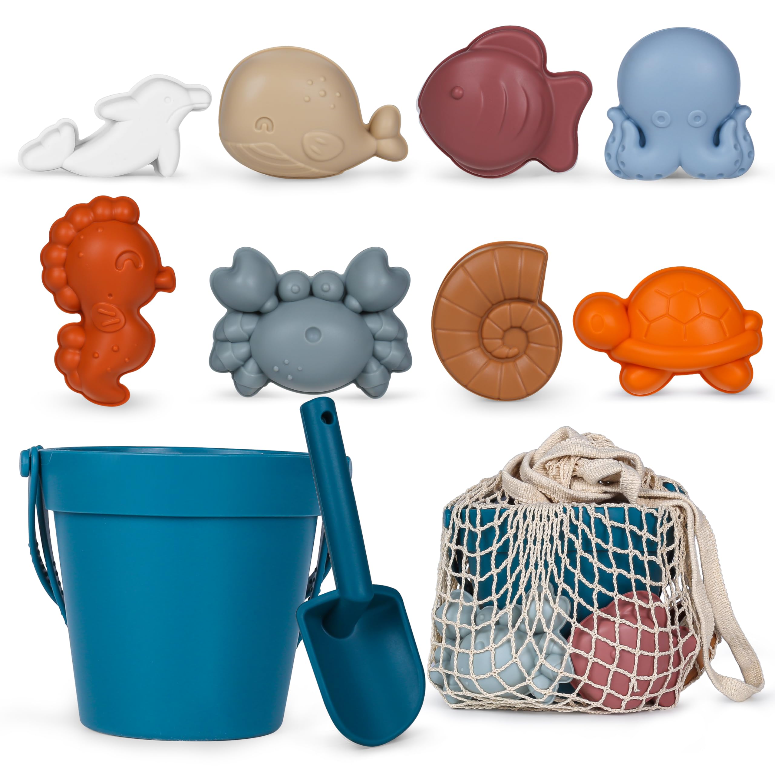 MarcZero 11Pcs Silicone Beach Toys,Modern Baby Beach Toys,Travel Friendly Beach Set,Eco Friendly Toy,Silicone Bucket, Shovel, 8 Sand Molds, Beach Bag,Silicone Sand Toys for Toddlers, Kids (Dark Blue)