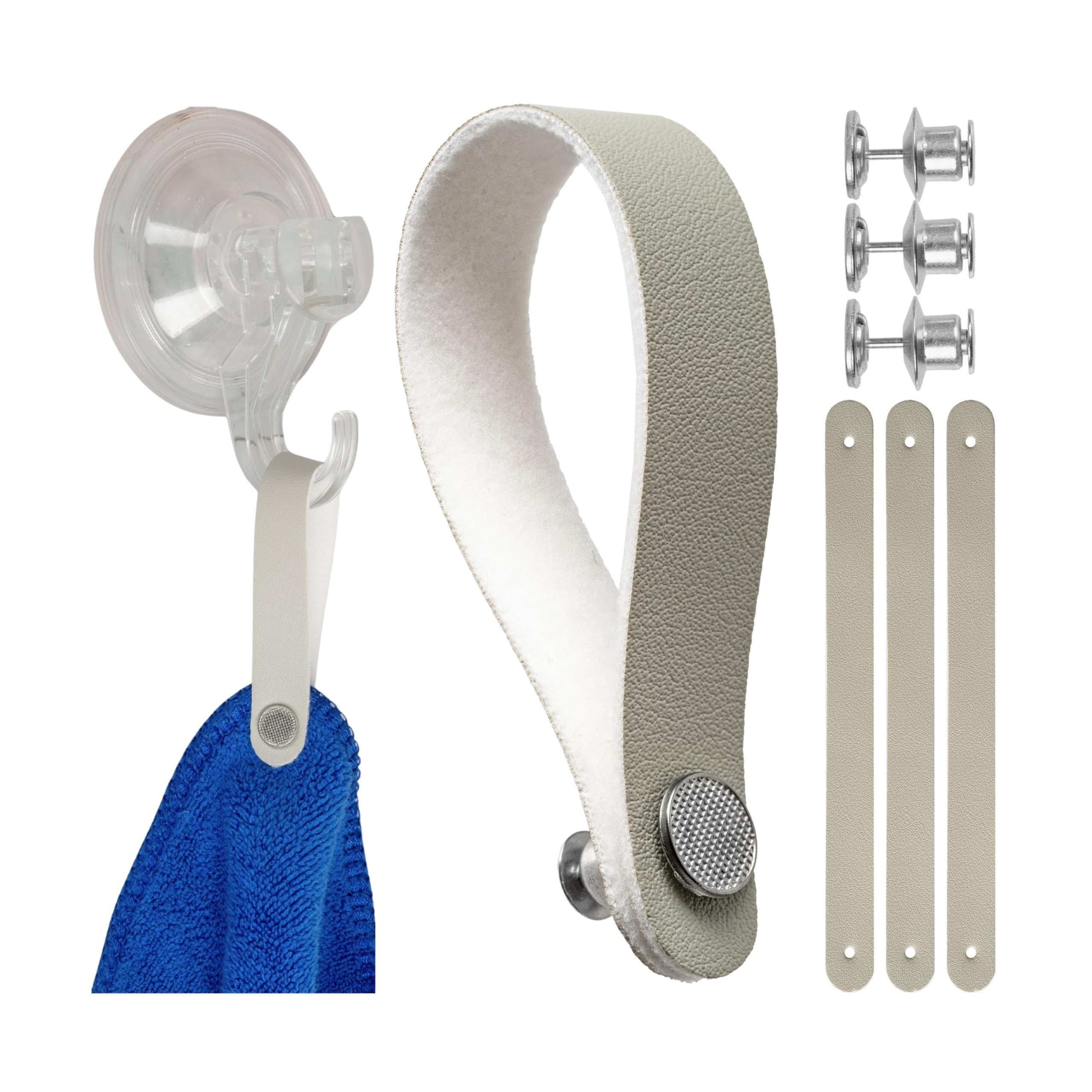 Your Day Mate With Pin, Grey, 4 Pcs No-Sew Hangers For Textiles, 4 Pack, 150 X 12 Mm Loops, In Grey, Made Of Pu Leather, With Pin And Button Fastening, Hanger Tabs For Tea Towel, Bath Towel, Cloth, Decorative Items, Camping