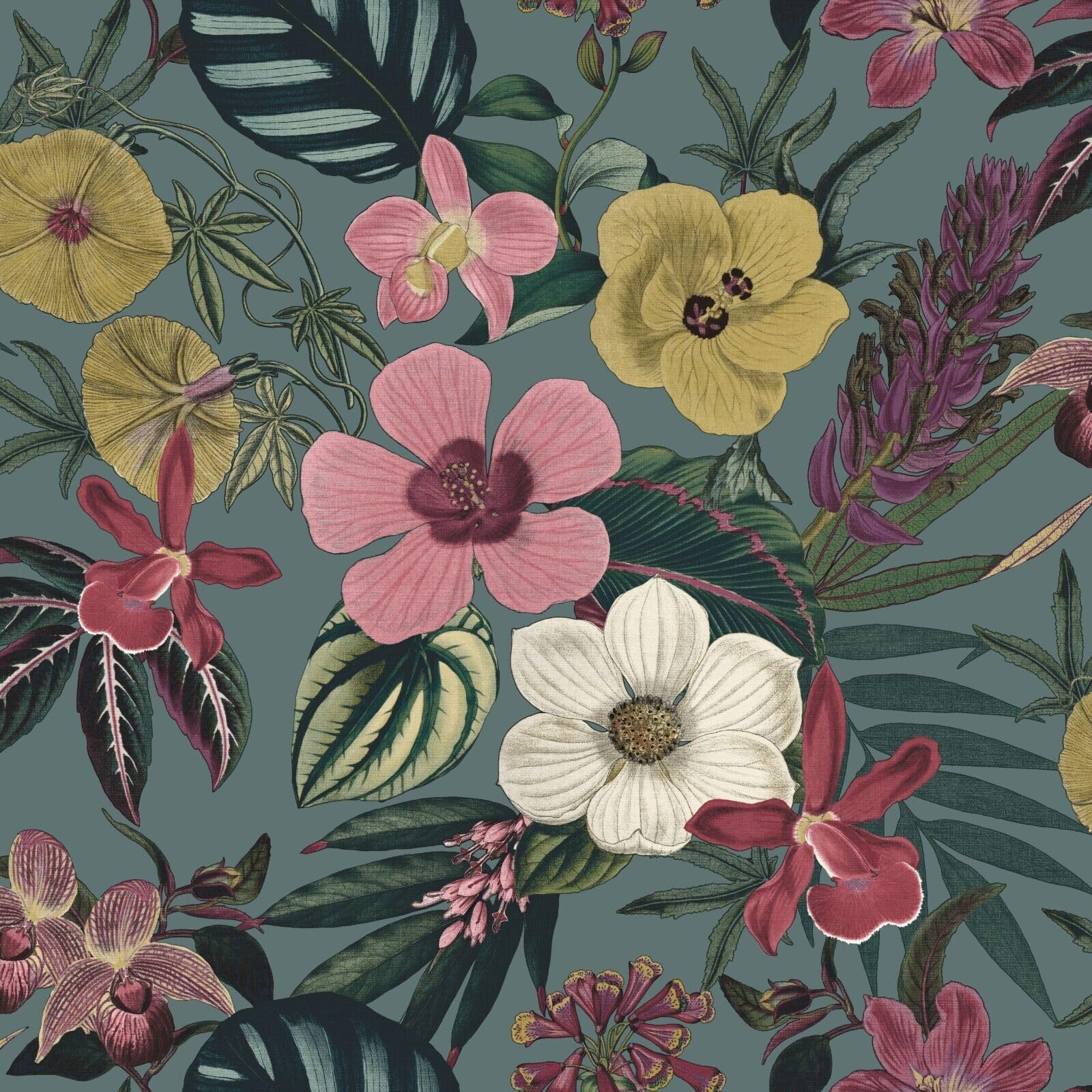 Sophie Laurence Teal Floral Orchid Wallpaper Pink Yellow Exotic Tropical Palm Leaves Smooth - Textured, Washable, Strippable - Paste The Paper Feature Wallpaper (, Sample)