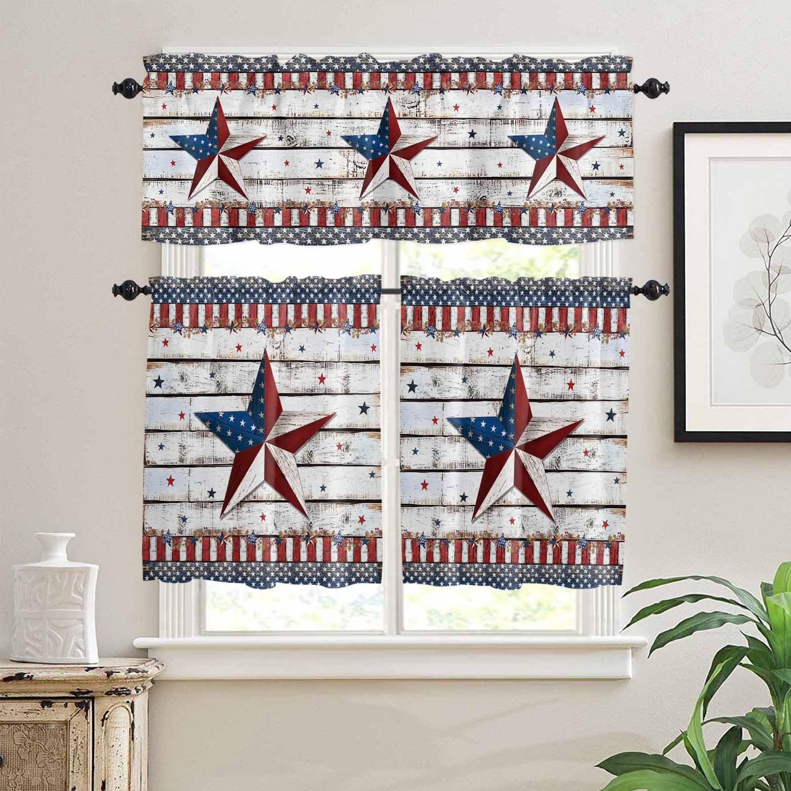 4th of July Star Kitchen Curtains 24 Inch Length, 3 Piece Rod Pocket Small Half Tiers and Valance Set, Independence Day American Flag Small Large Window Treatment Decor for Bedroom/Bathroom Sink